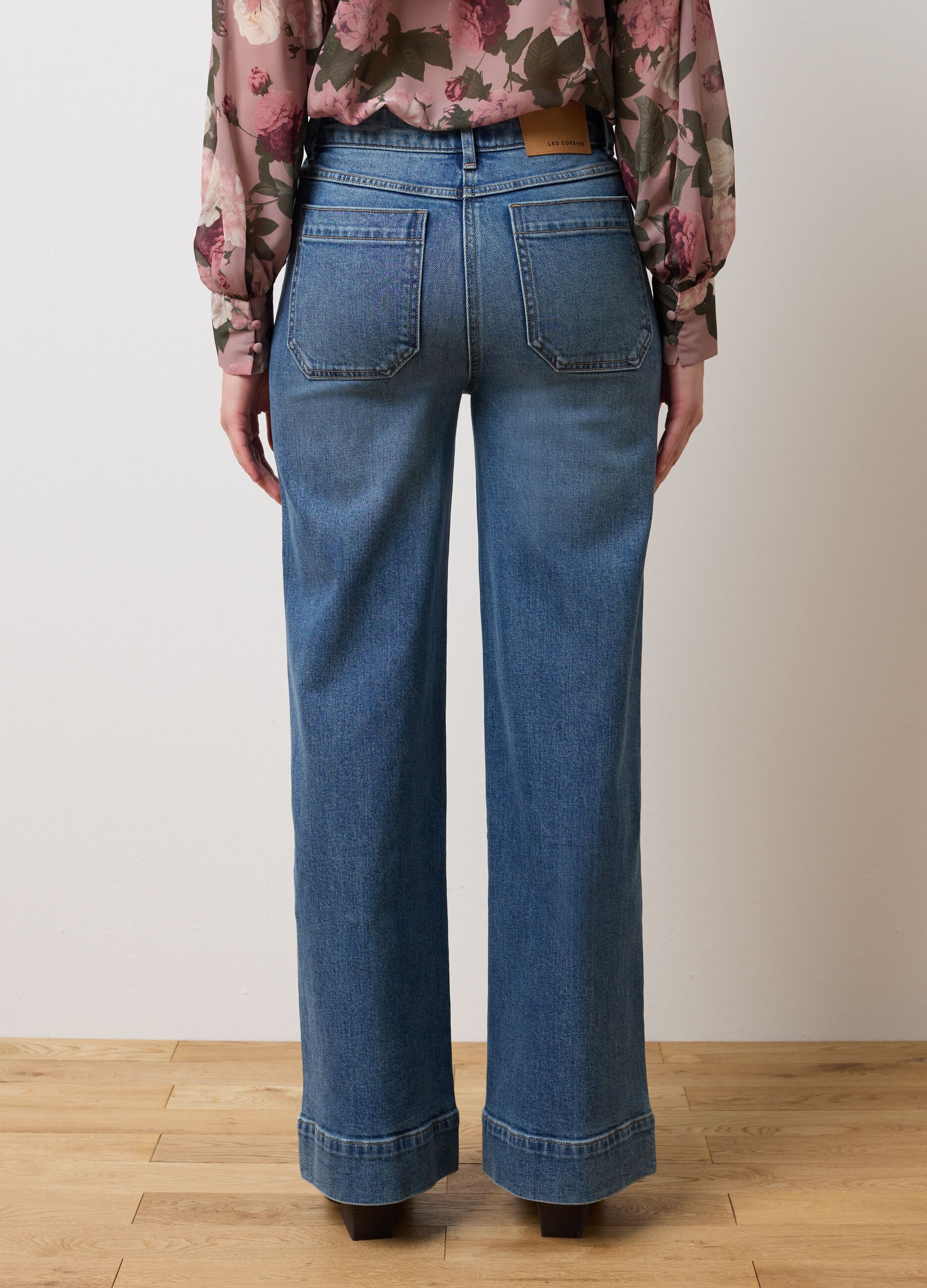 Blue stretchy denim wide leg trousers