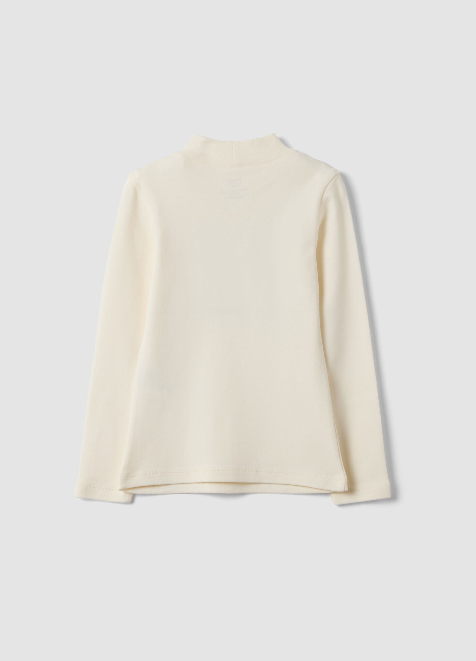 White pure organic cotton T-shirt with mock neck and animal print