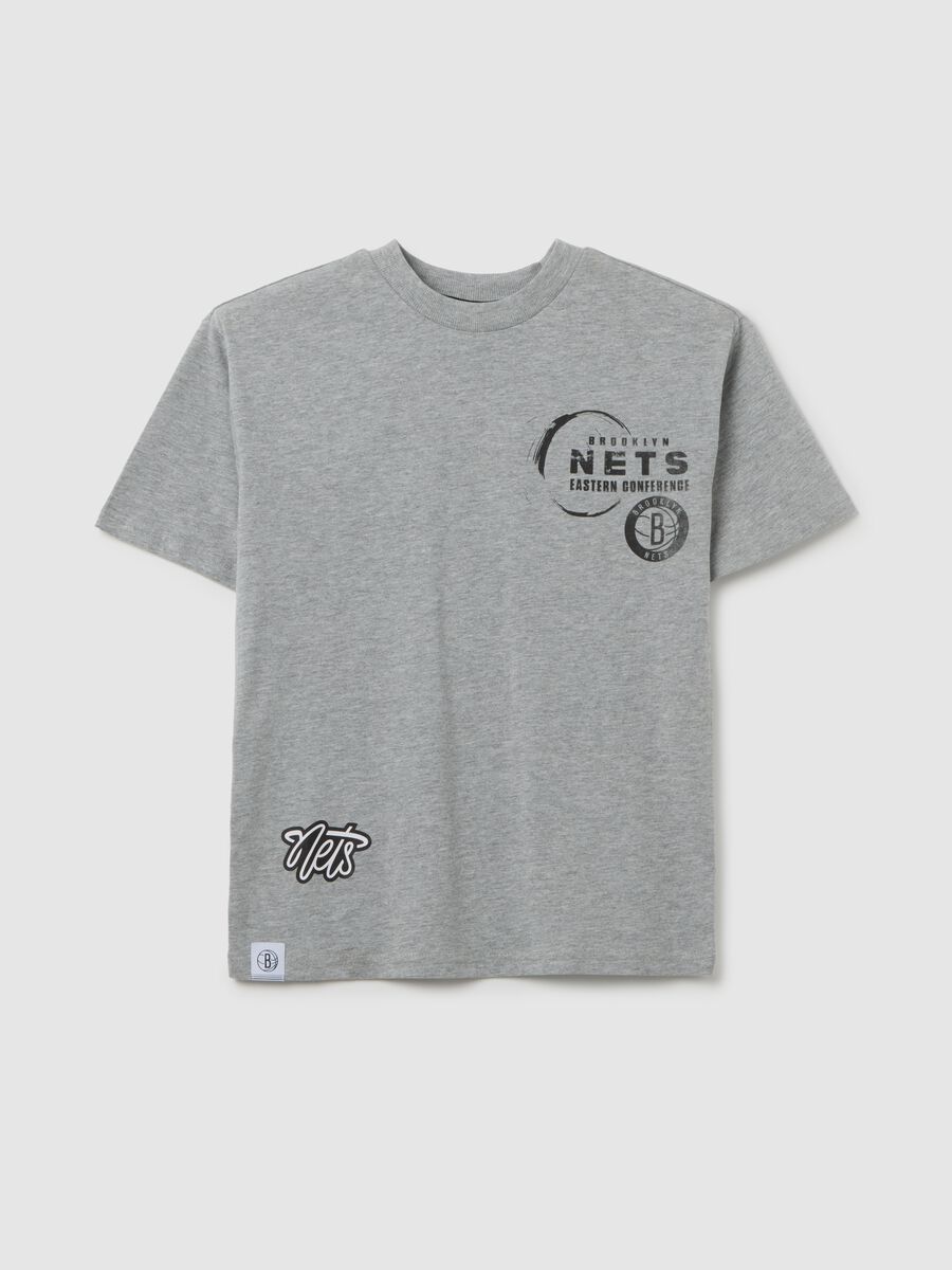 Grey cotton boy's t-shirt with Nets logo_3