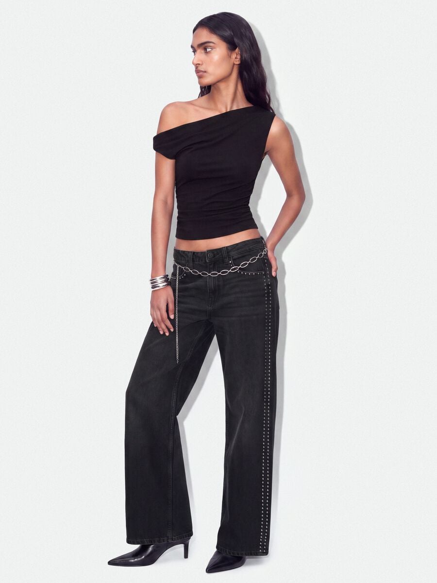 Black asymmetric one-shoulder slim-fit stretch viscose top_1