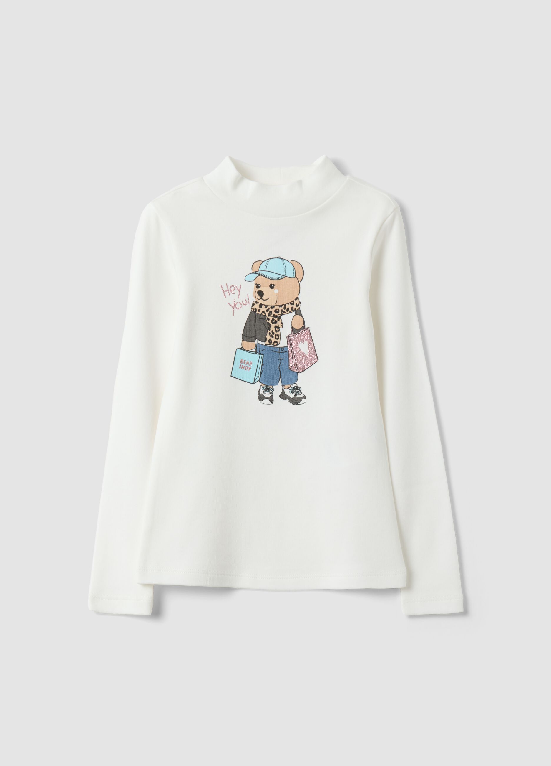 T-shirt bianca in puro cotone organico con collo rialzato e stampa orsetto