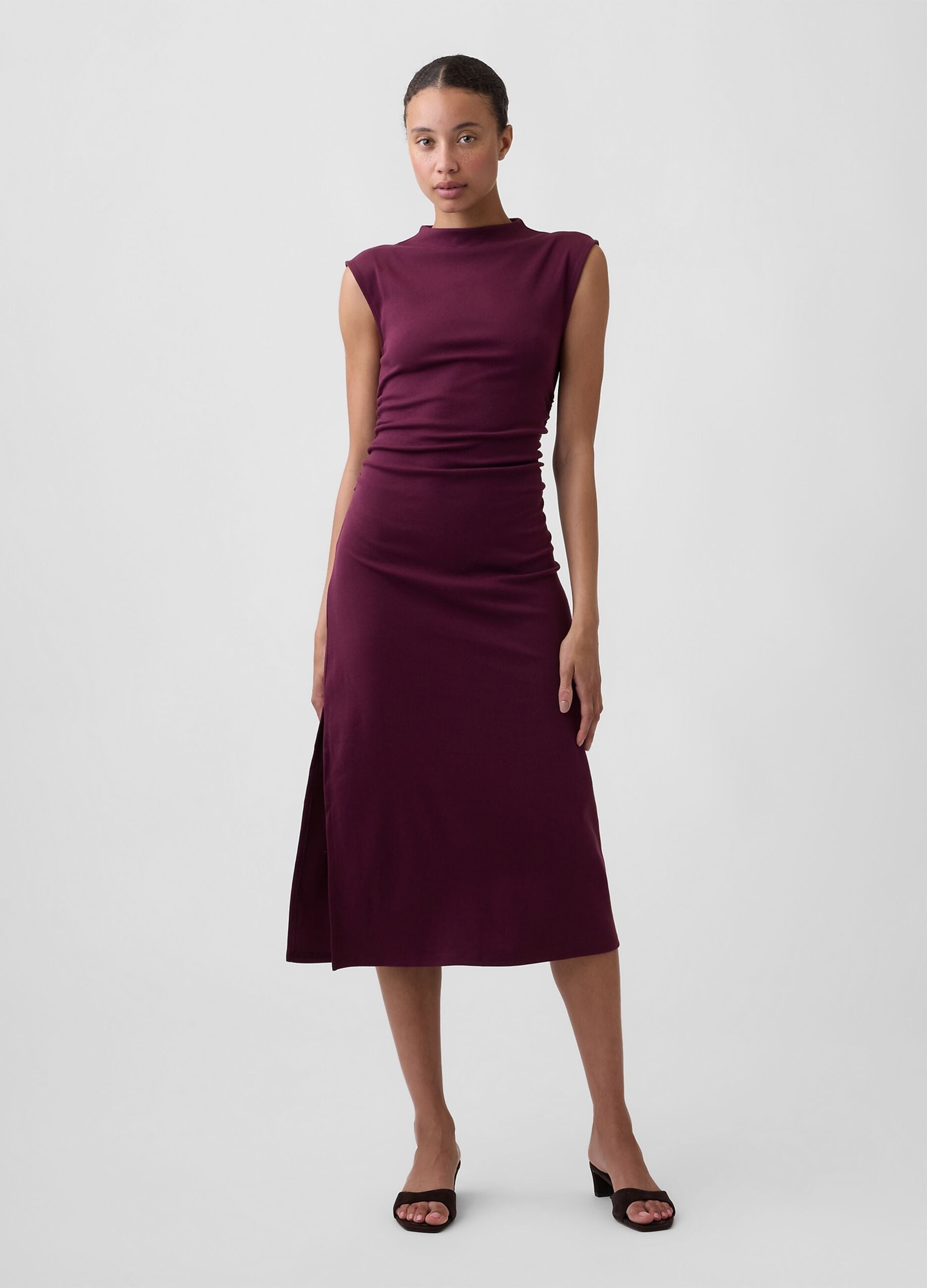 Red stretch-cotton midi dress with side slit