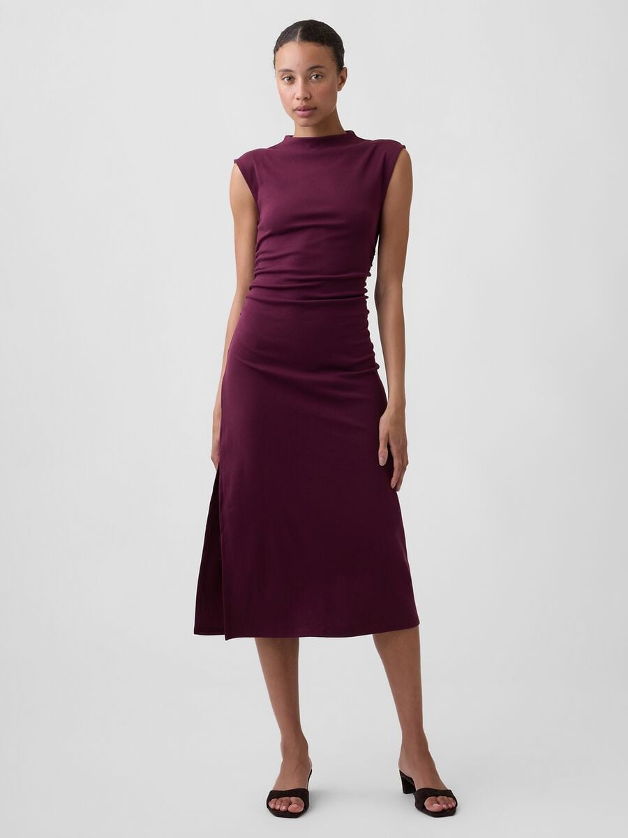 Red stretch-cotton midi dress with side slit_0