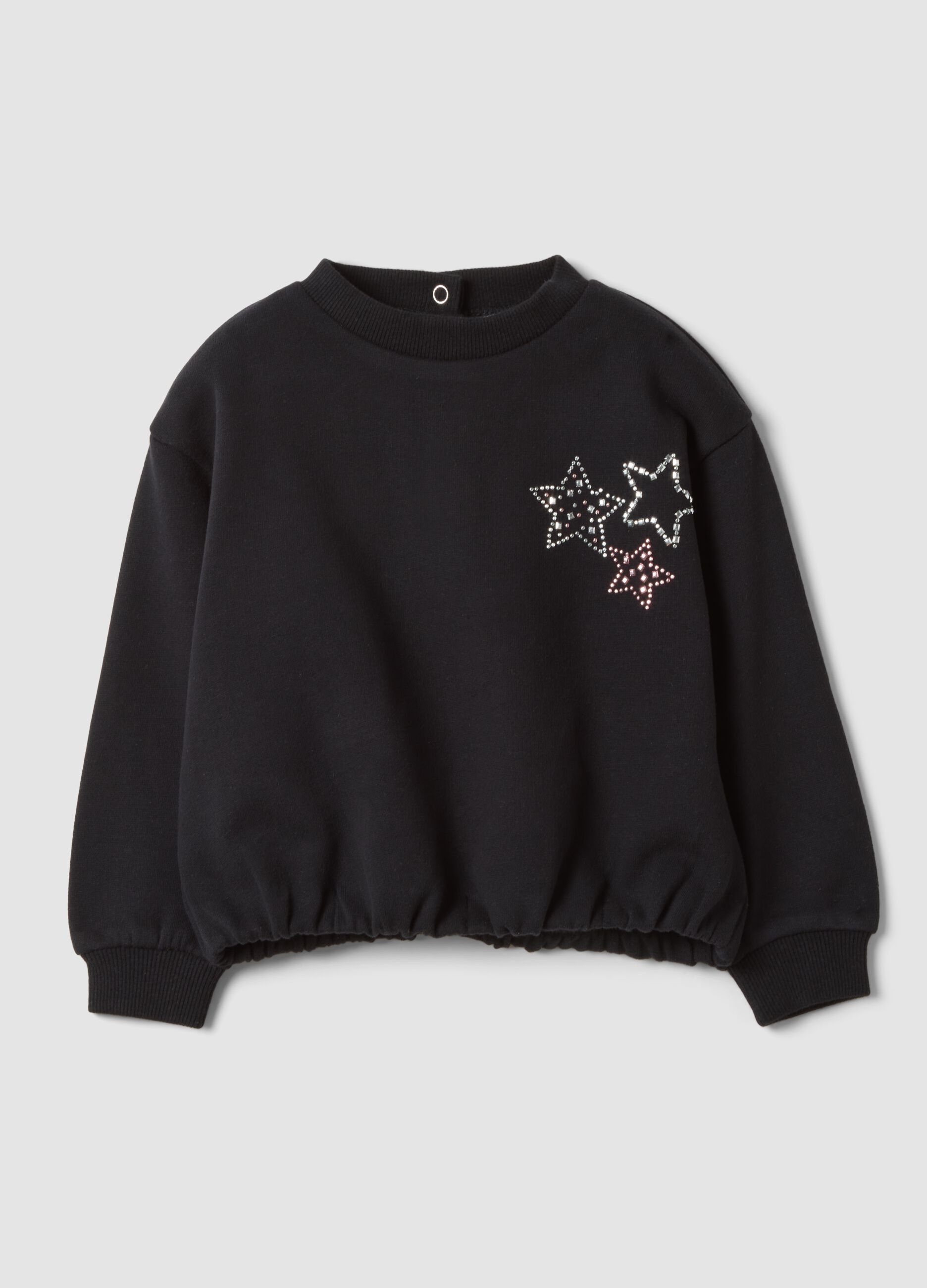 Felpa nera in puro cotone con girocollo e strass per bimba