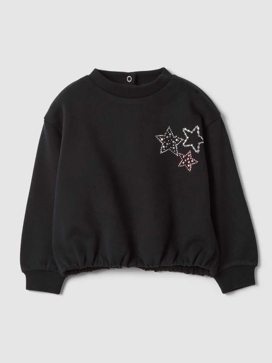 Felpa nera in puro cotone con girocollo e strass per bimba_0
