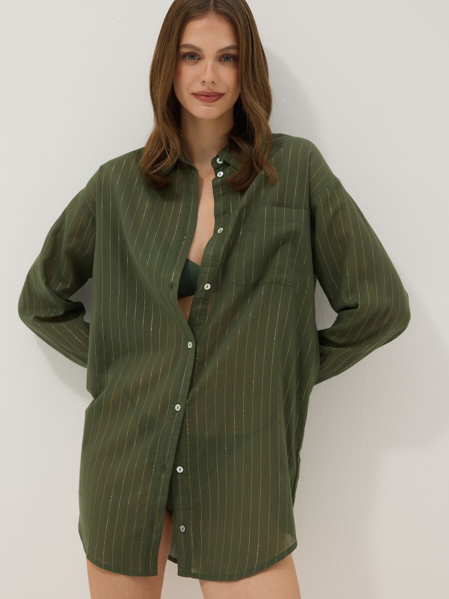 Green cotton-blend kaftan with gold stripes_0