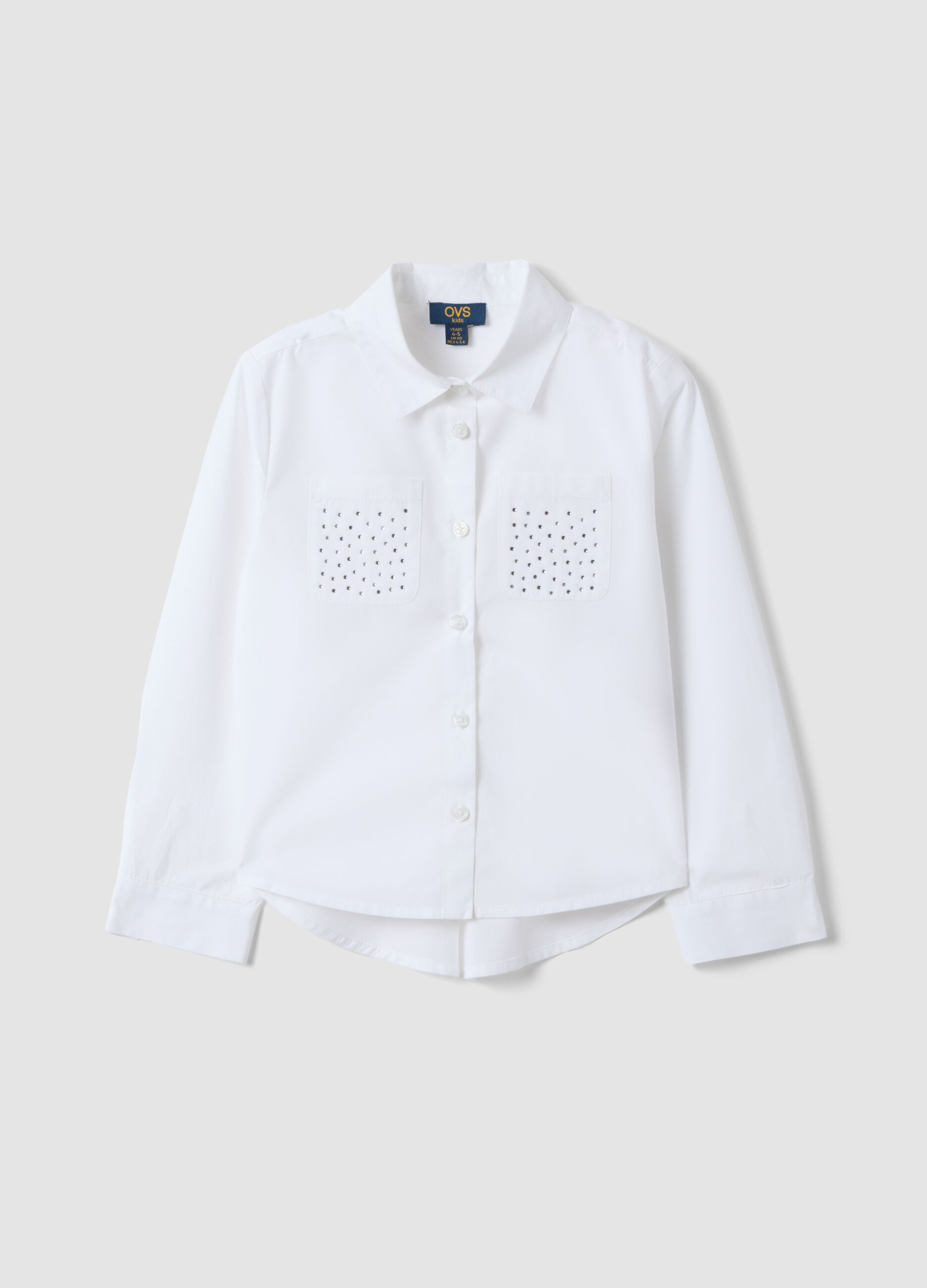 White pure cotton shirt with rhinestones, regular fit, for girls