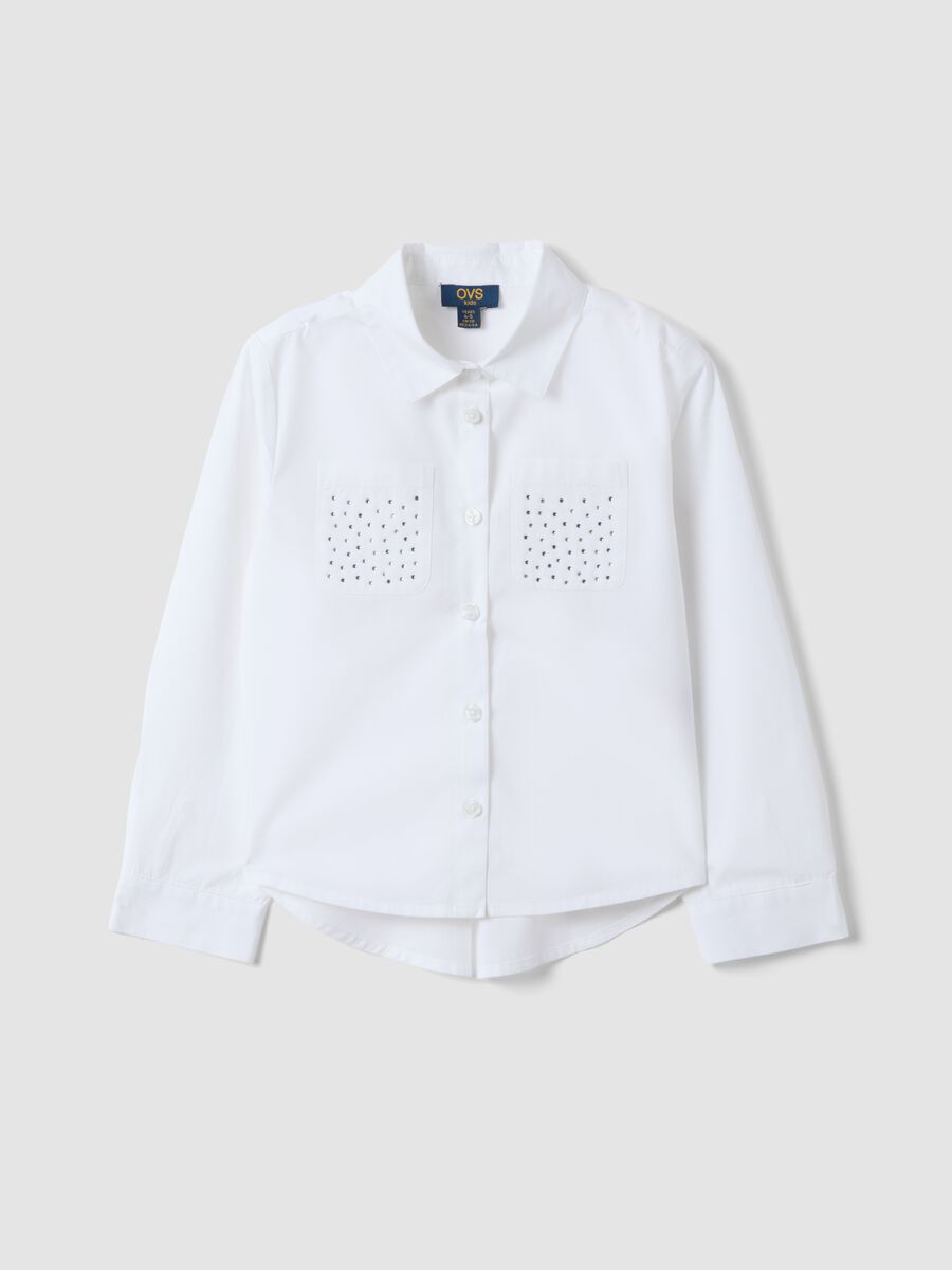White pure cotton shirt with rhinestones, regular fit, for girls_0