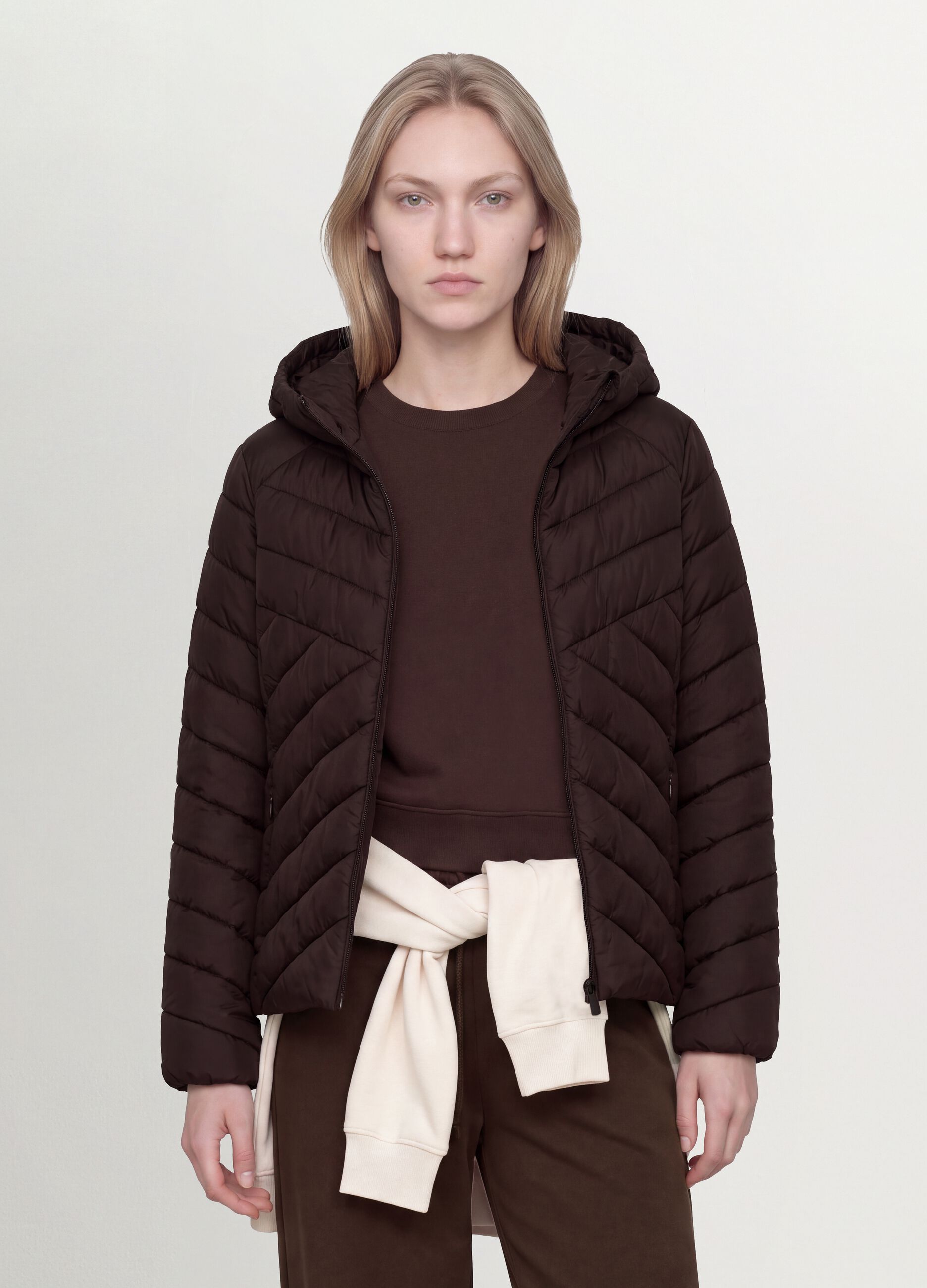 Brown Ultralight Quilted Jacket with Hood and Zip
