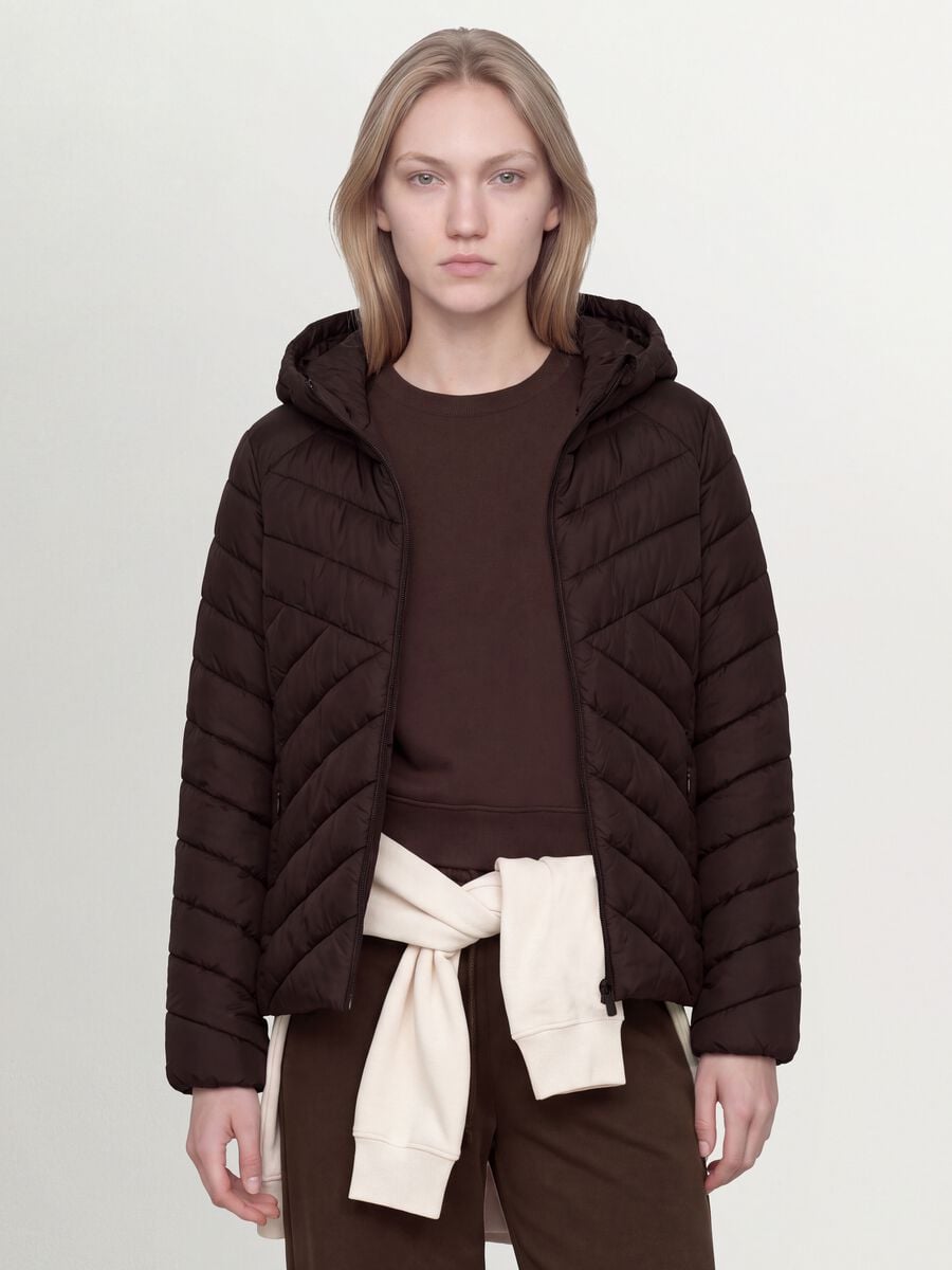 Brown Ultralight Quilted Jacket with Hood and Zip_1