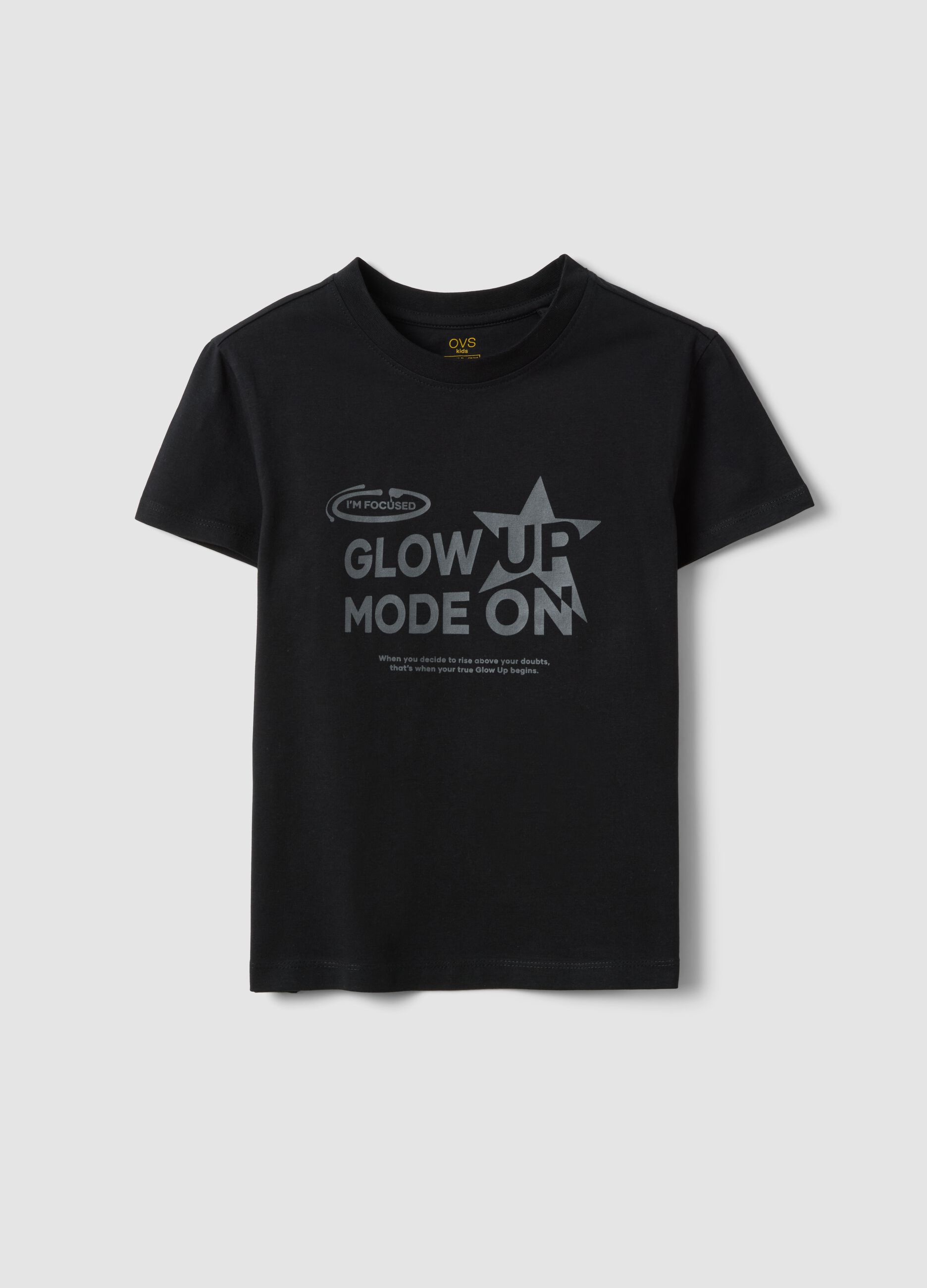 Black organic cotton T-shirt with silver graphic for girls