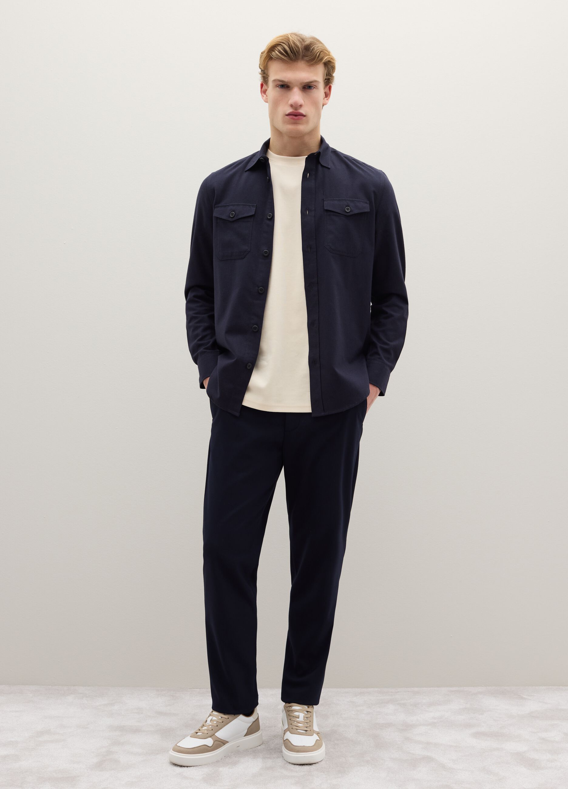 Black cotton and wool blend shirt regular fit with classic collar