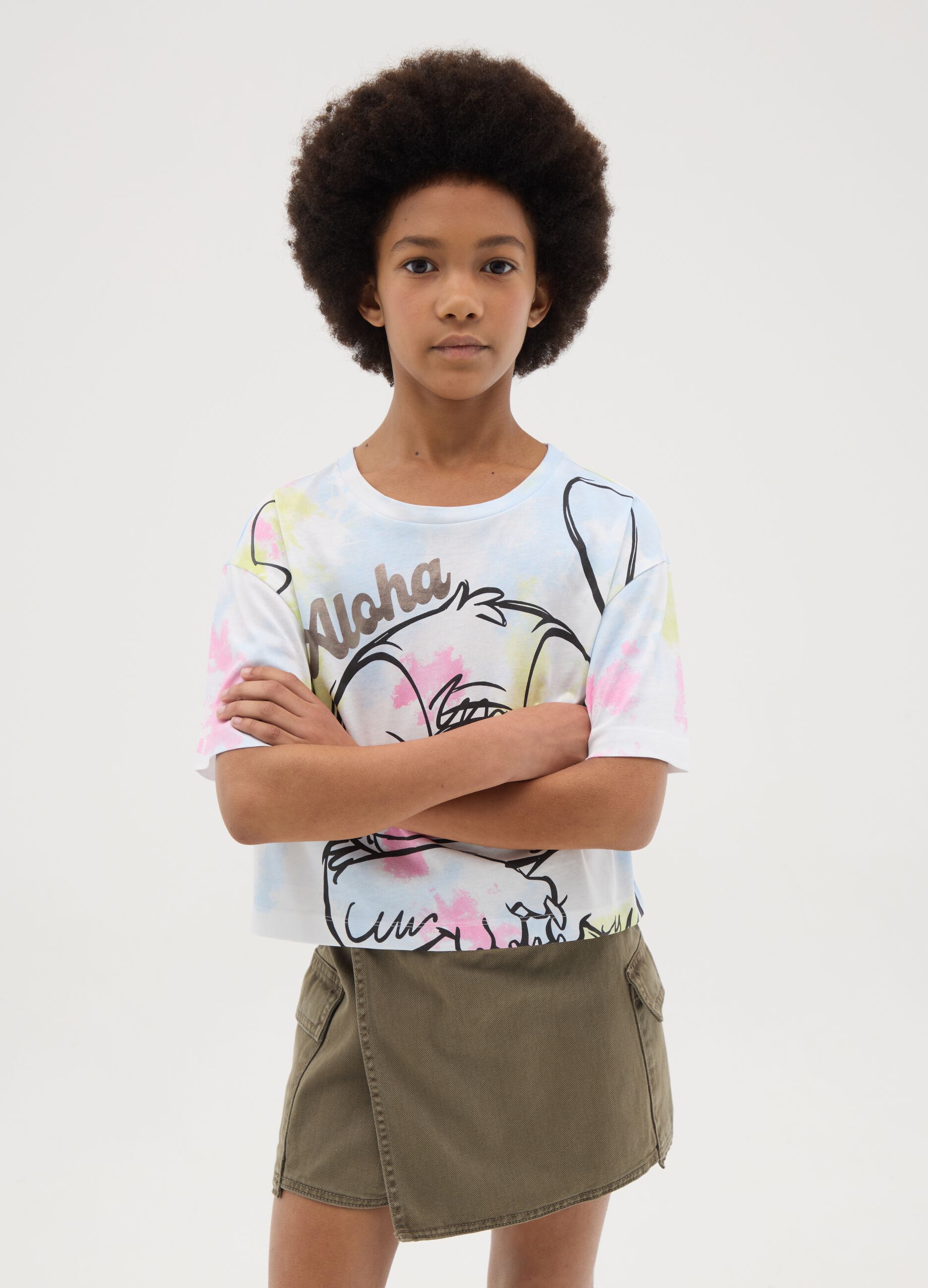 Girls' multicolour pure cotton regular fit T-shirt with Stitch print