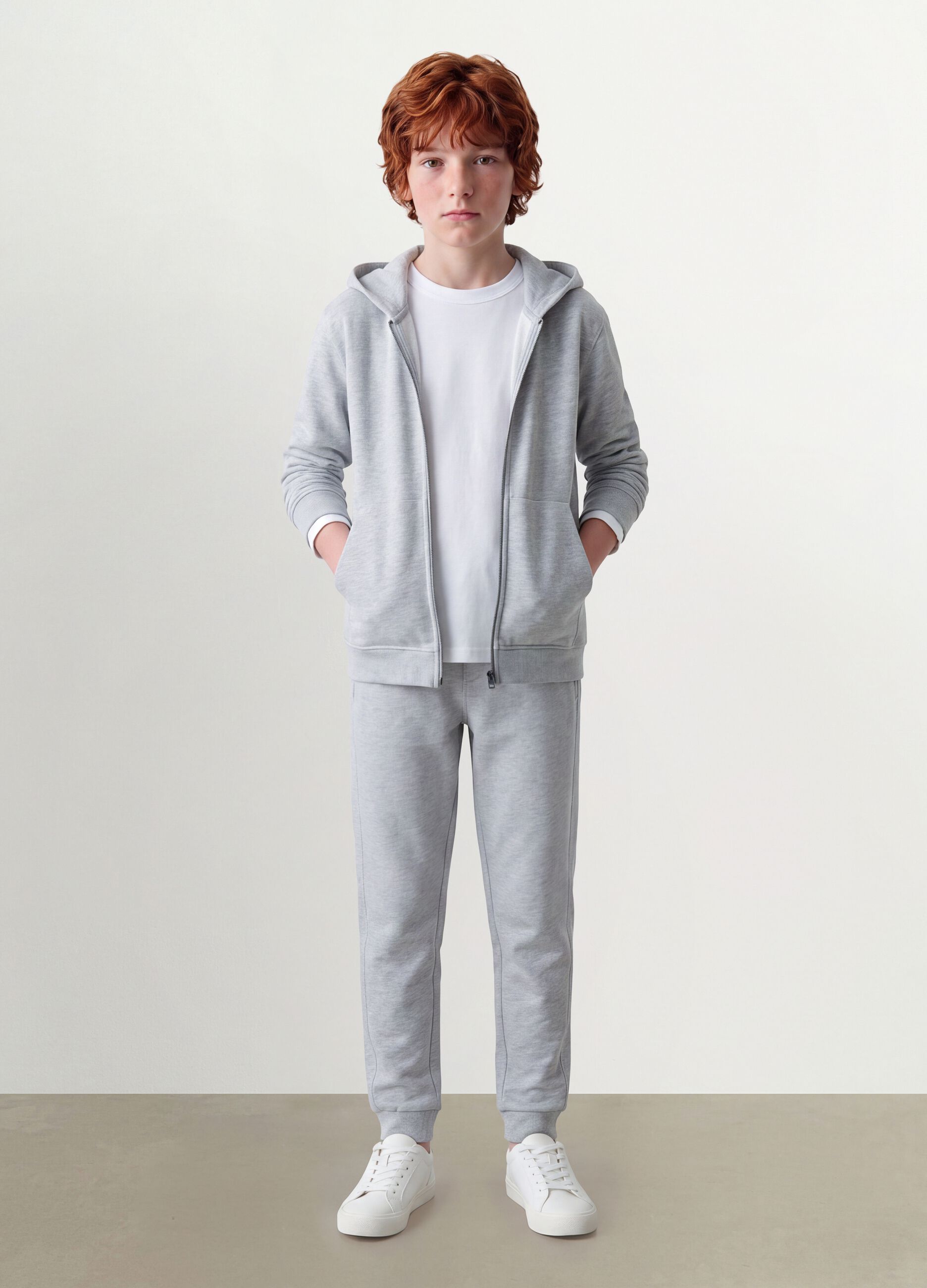 Grey hooded zip-up sweatshirt in pure organic cotton for boys, relaxed fit