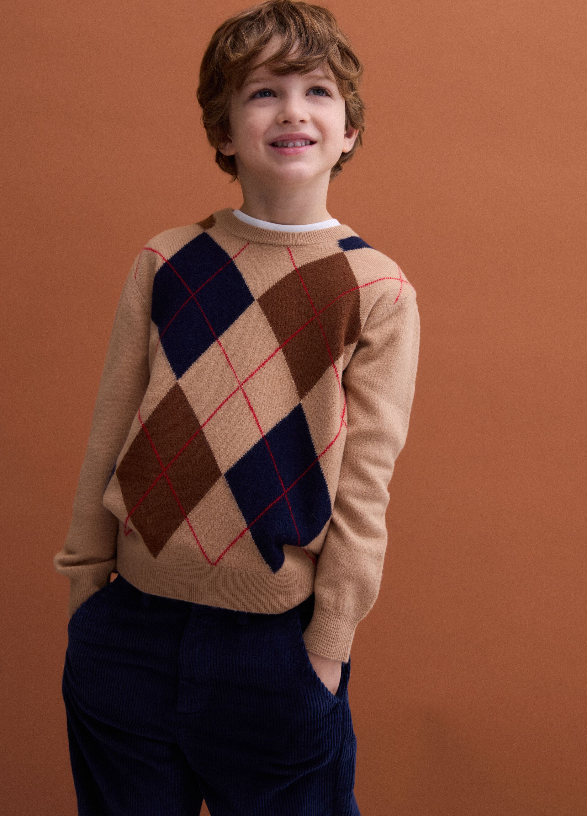 Beige pure wool jumper with jacquard crew neck