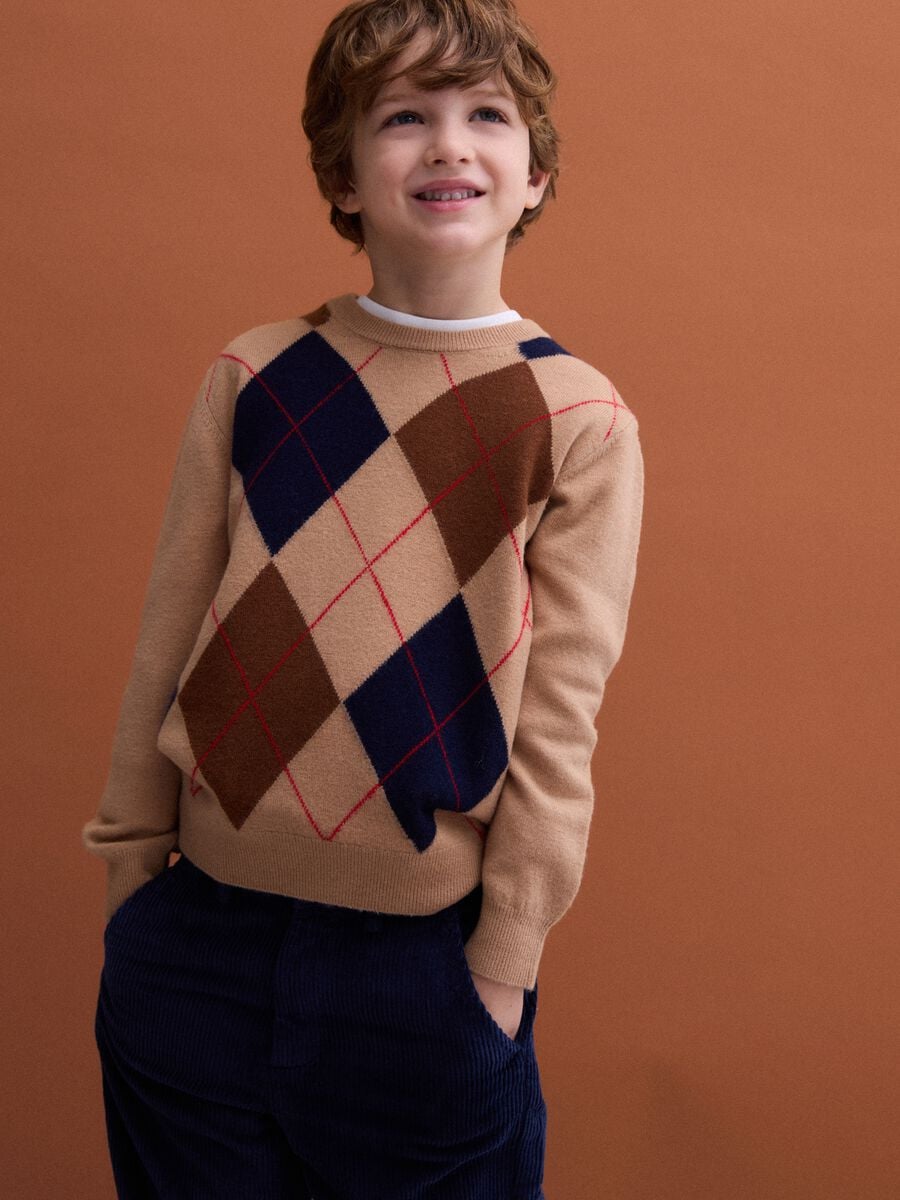 Maglione beige in pura lana con girocollo jacquard_1