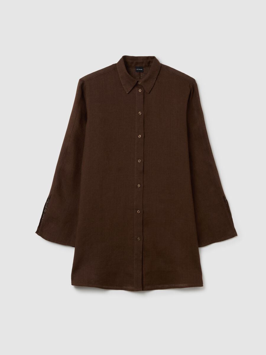 Women's long brown linen oversized shirt_0