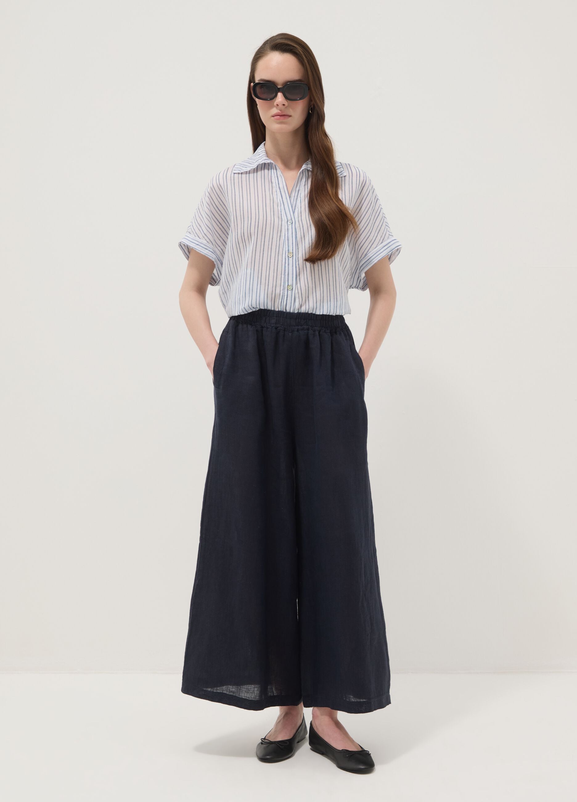 Blue pure linen wide-leg trousers, regular fit