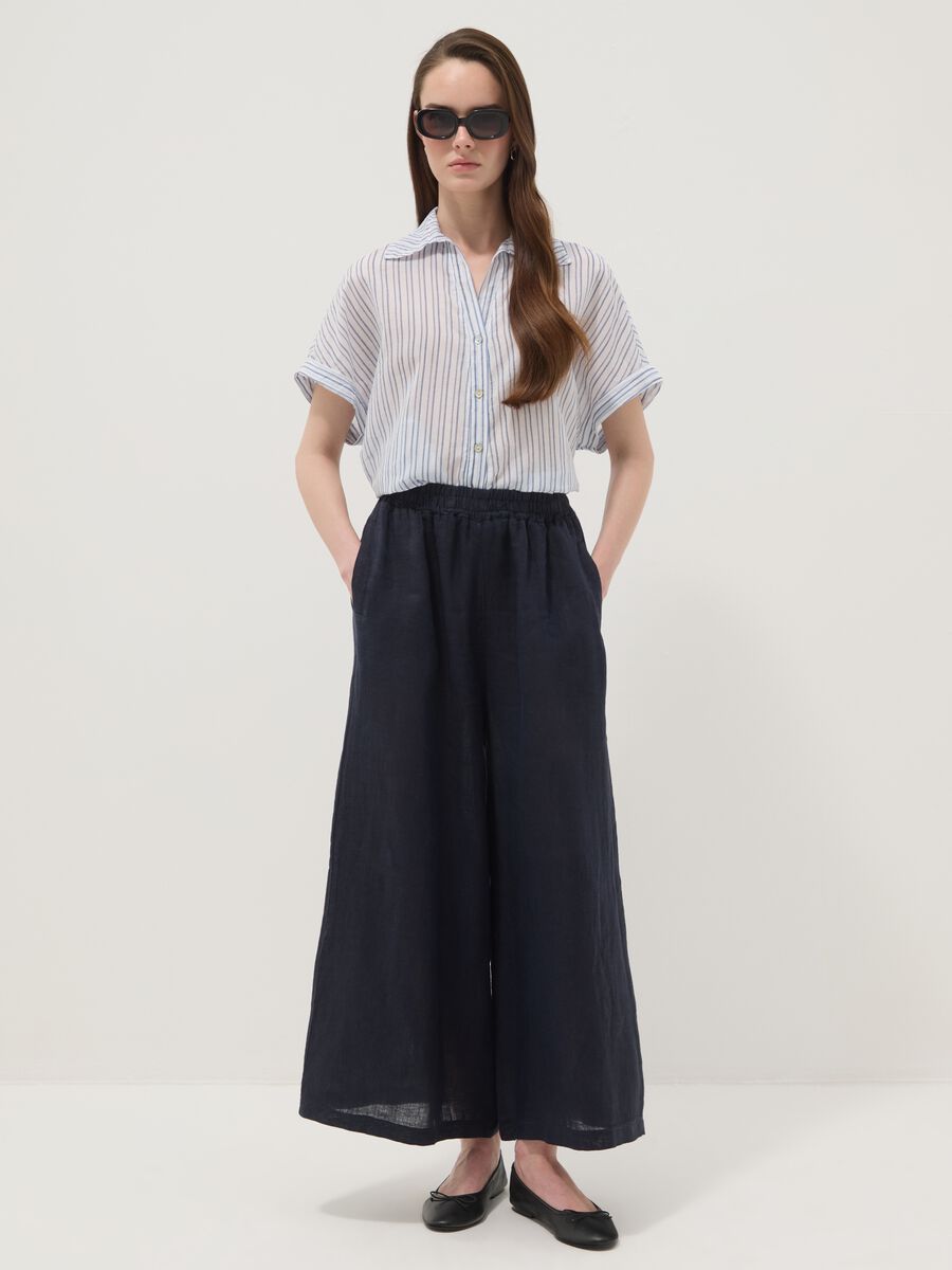 Pantaloni blu in puro lino a gamba ampia regular fit_0