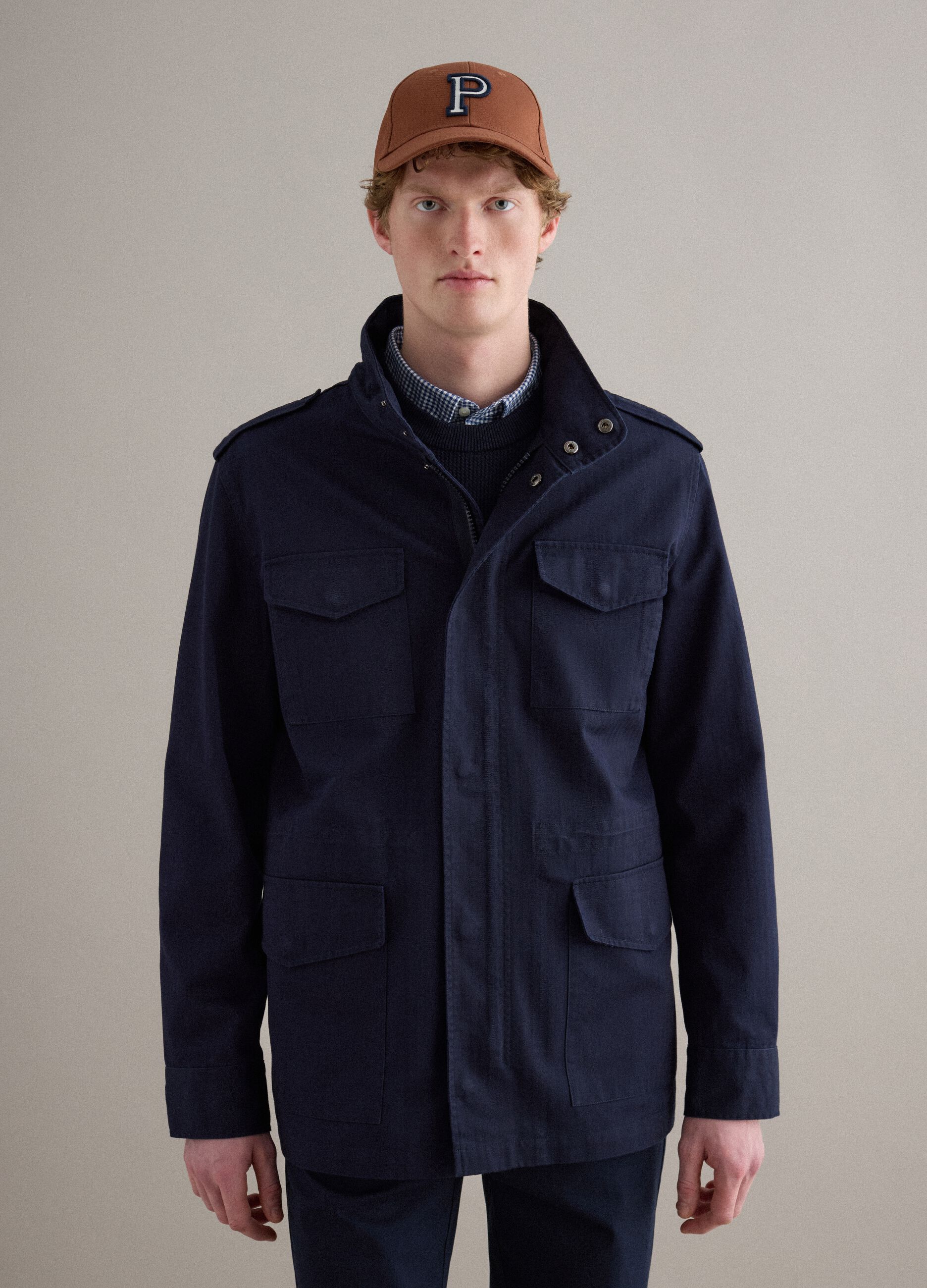 Blue cotton parka jacket regular fit with pockets and zip