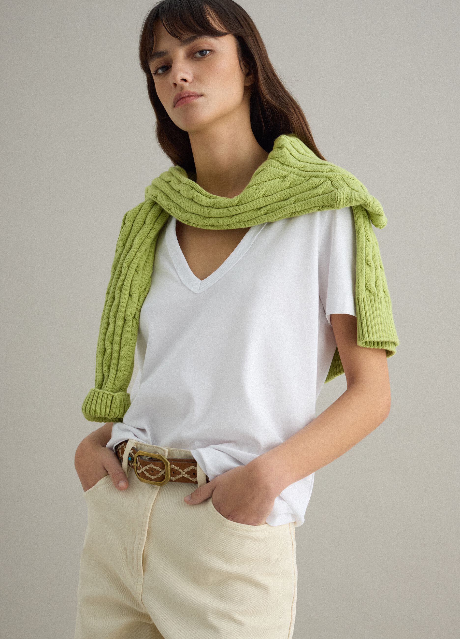 White pure cotton T-shirt regular fit deep V