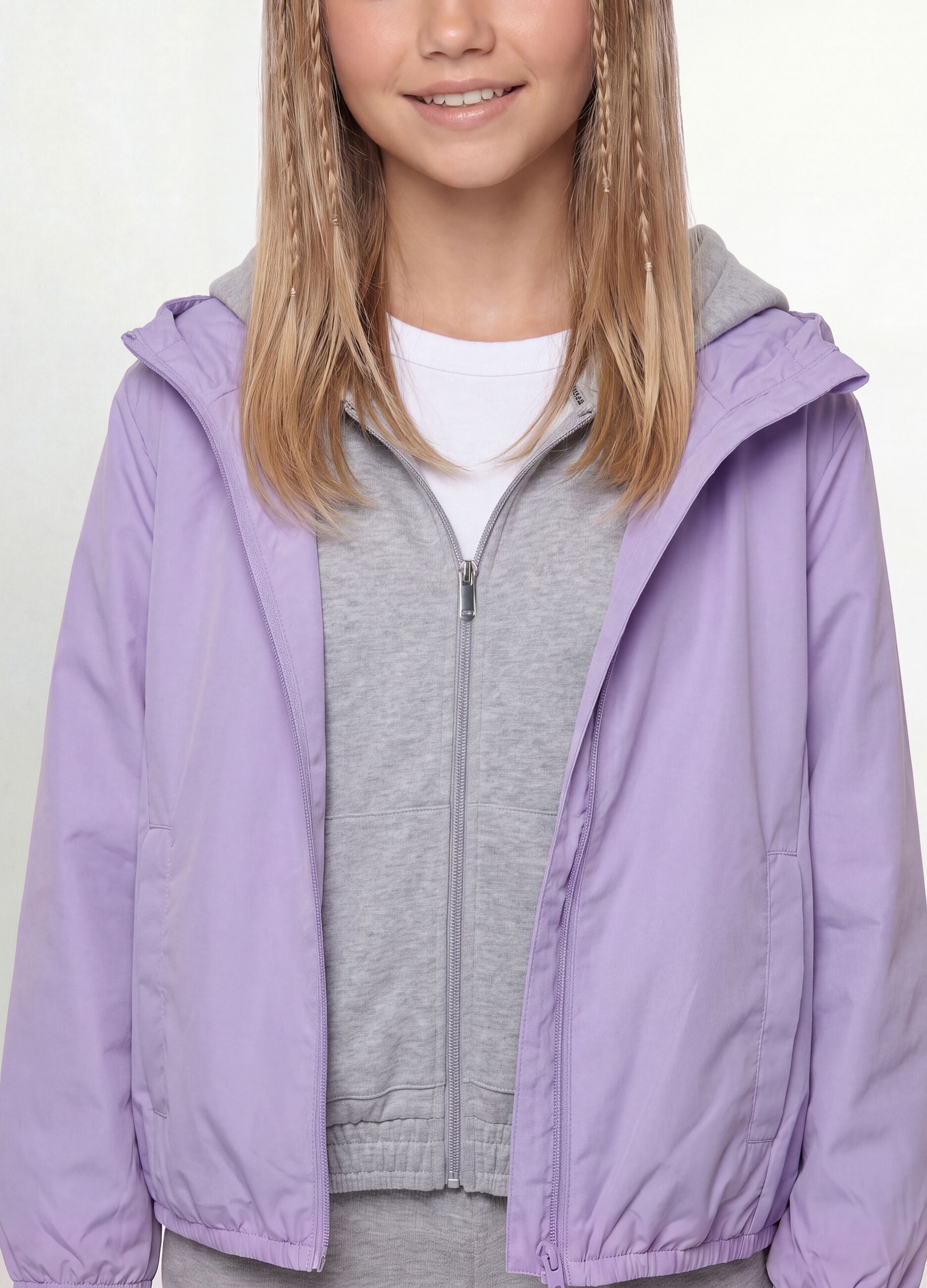 Purple hooded rain jacket with zip for girls
