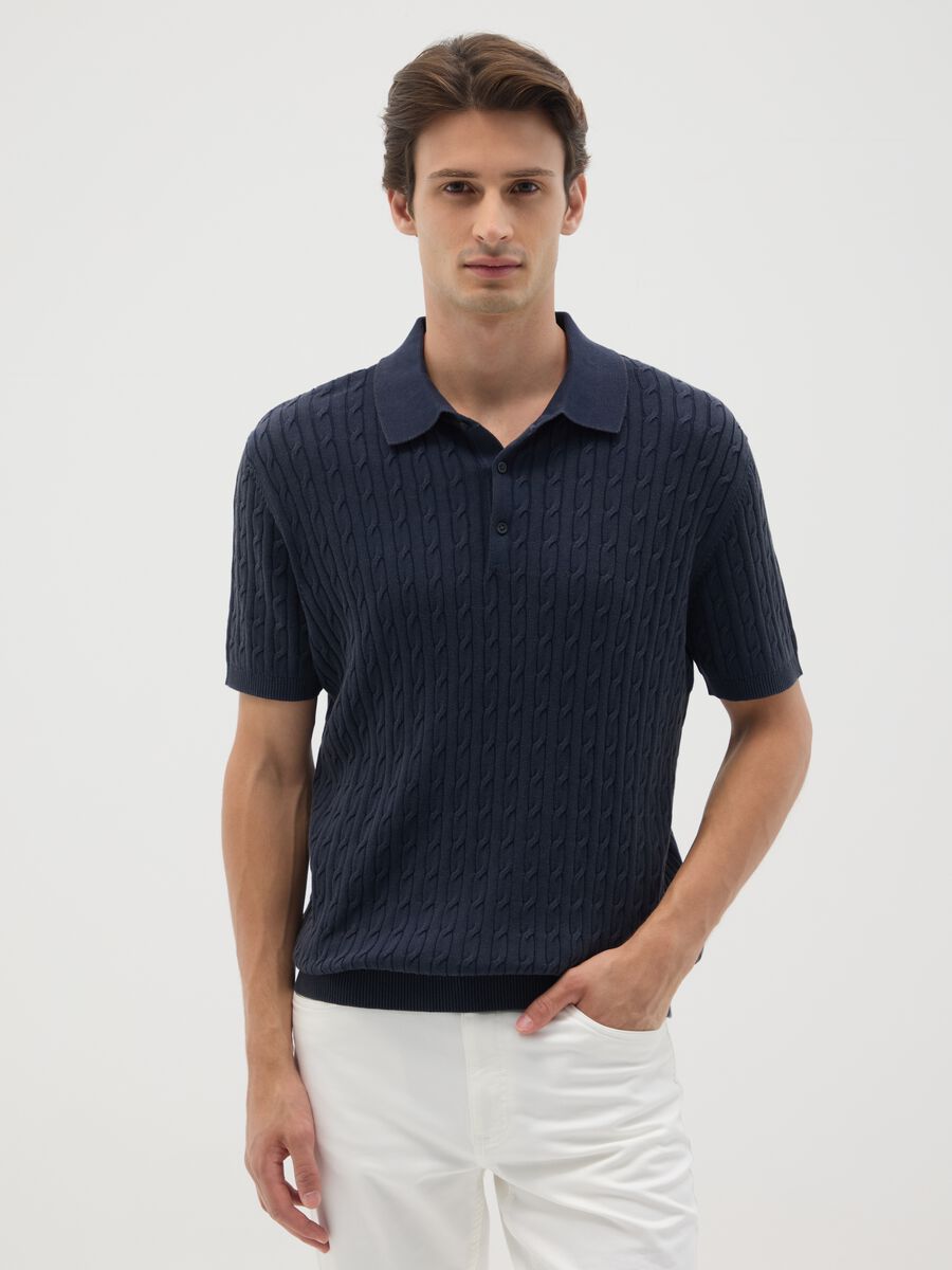Maglia in puro cotone blu con colletto classico_0