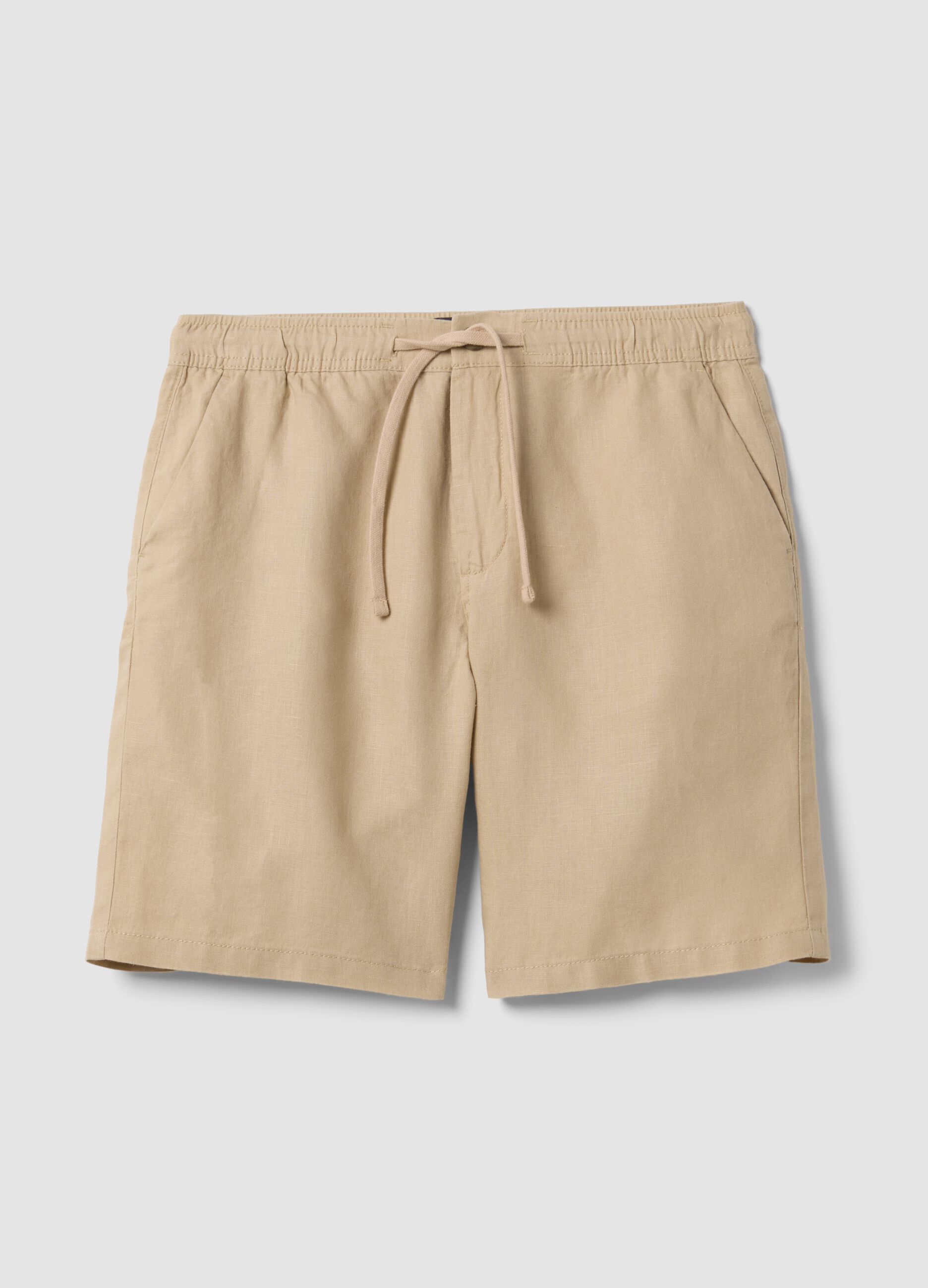 Beige pure linen Bermuda shorts with elasticated waist