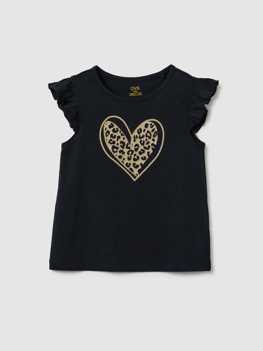 T-shirt da bambina in puro cotone nero regular fit con volant_0
