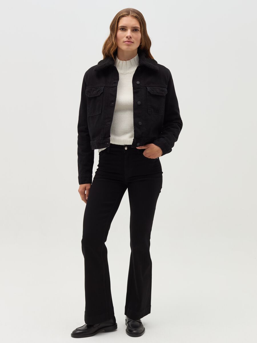 Short jacket in denim with sherpa collar_1