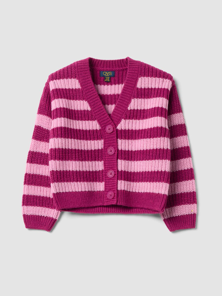 Girls&rsquo; purple striped crew-neck knitted cardigan_0