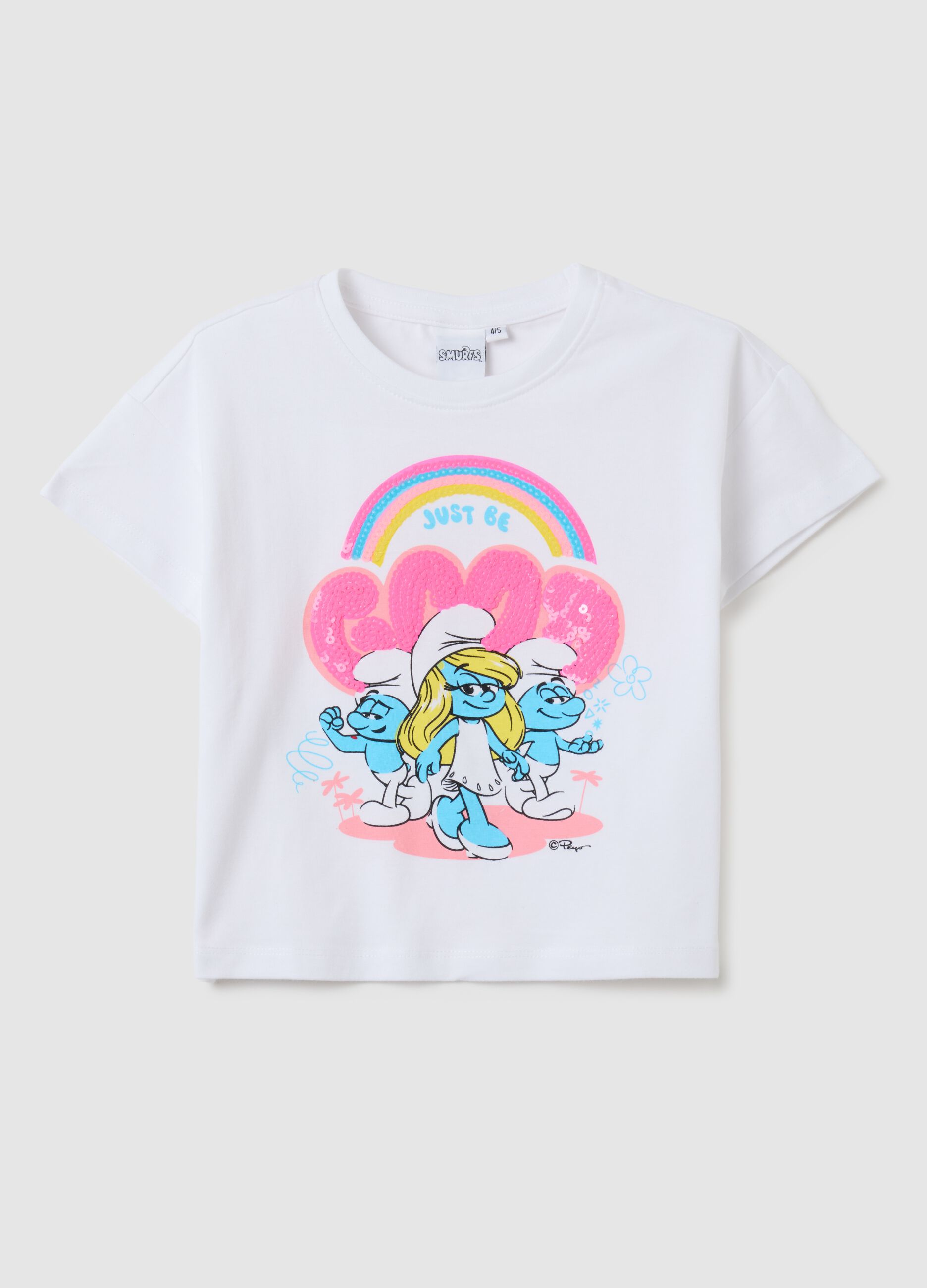 T-shirt da bambina in cotone elasticizzato bianca con stampa Puffi