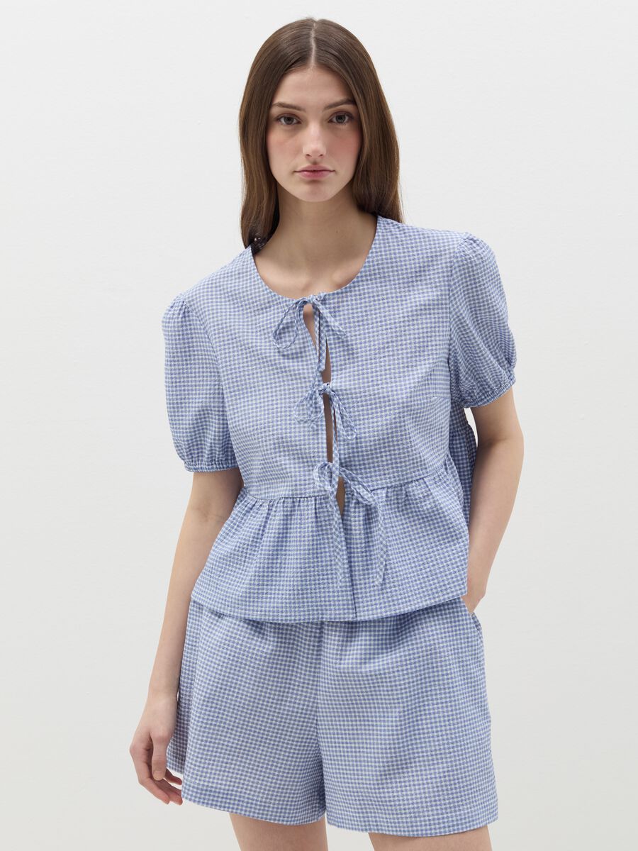 Check seersucker blouse with laces_0