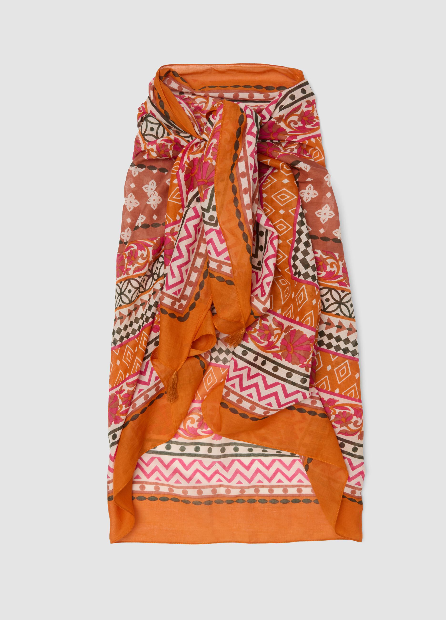 Orange pure cotton pareo with patterned print
