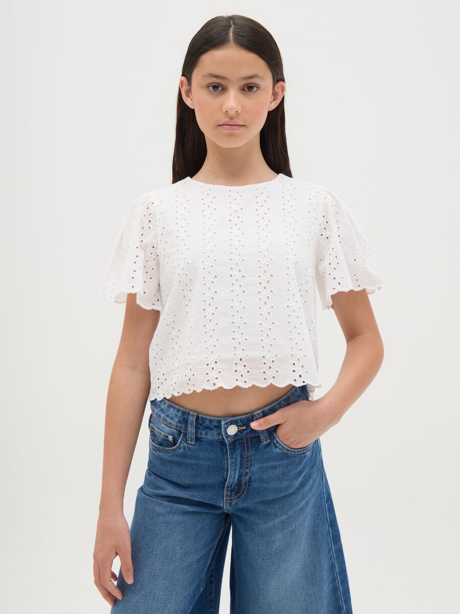 Girls' pure white cotton regular fit t-shirt with short sleeves and button closure_0