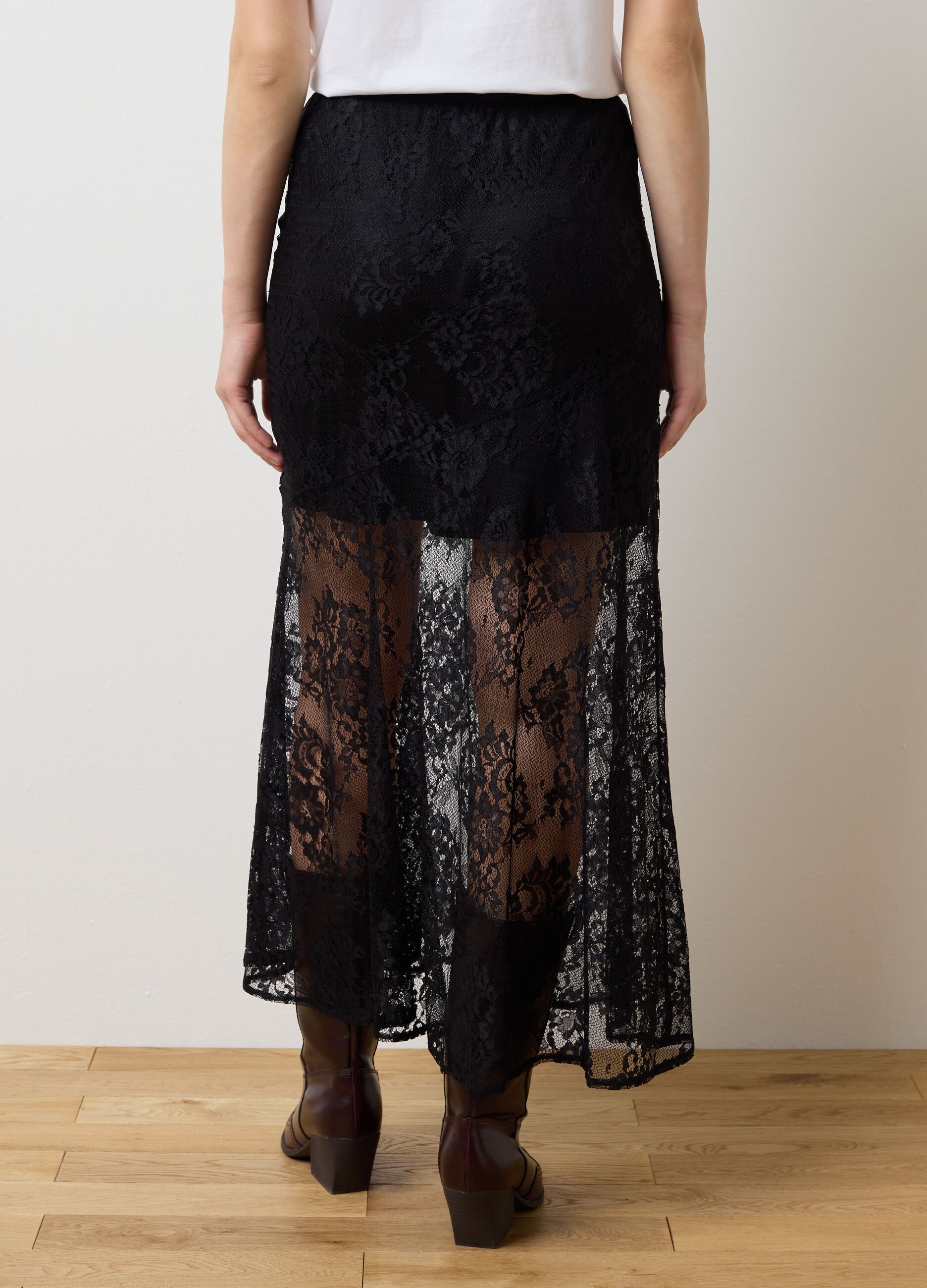 Long black skirt with lace details