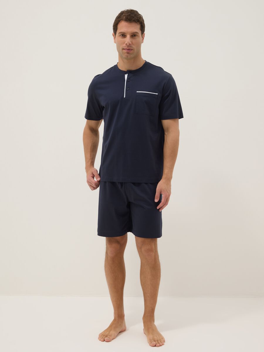 Regular fit short blue cotton pyjamas with Henley collar_0