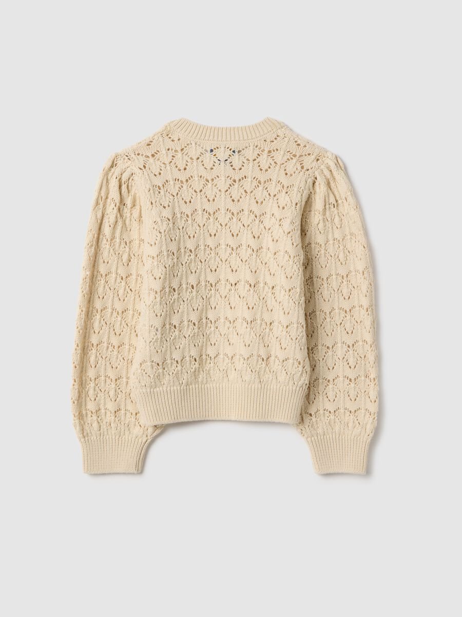 Girls' beige pure cotton regular fit cardigan with perforated design_1