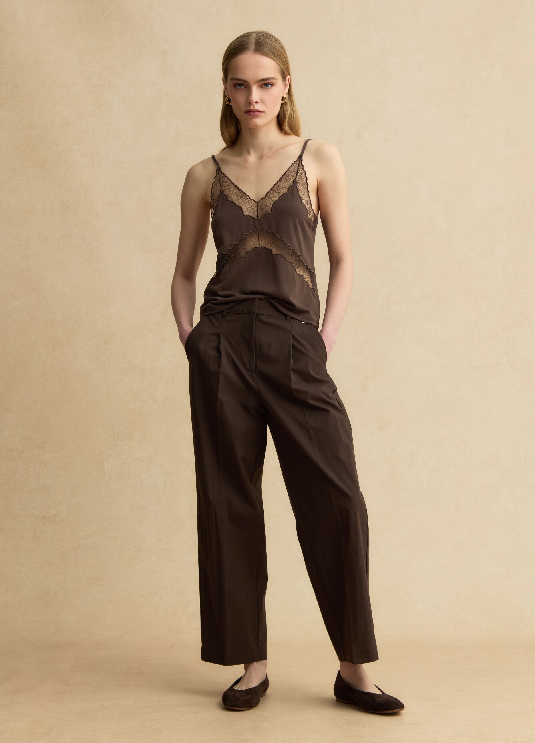 Brown cotton blend straight fit trousers