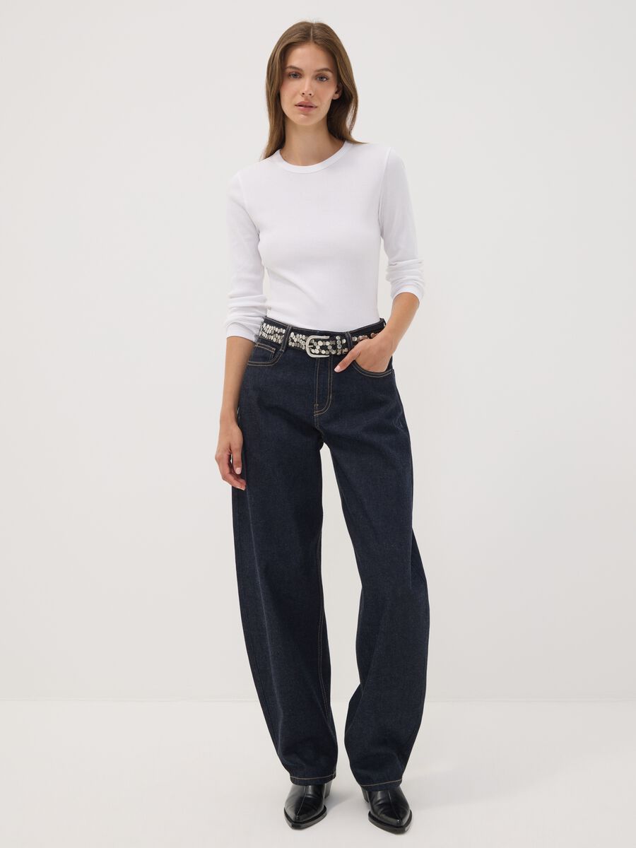 Dark wash pure cotton denim barrel-fit jeans_0