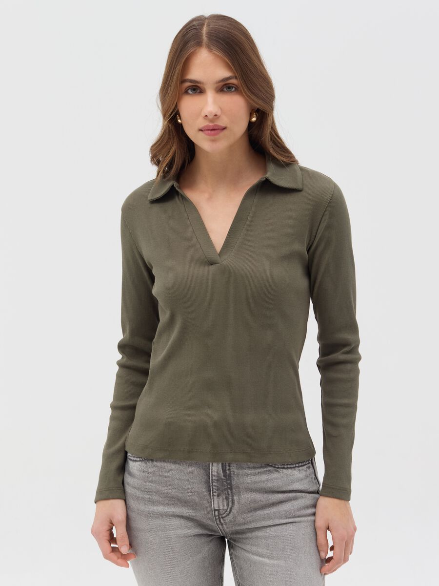 Ribbed T-shirt with polo shirt neck_0