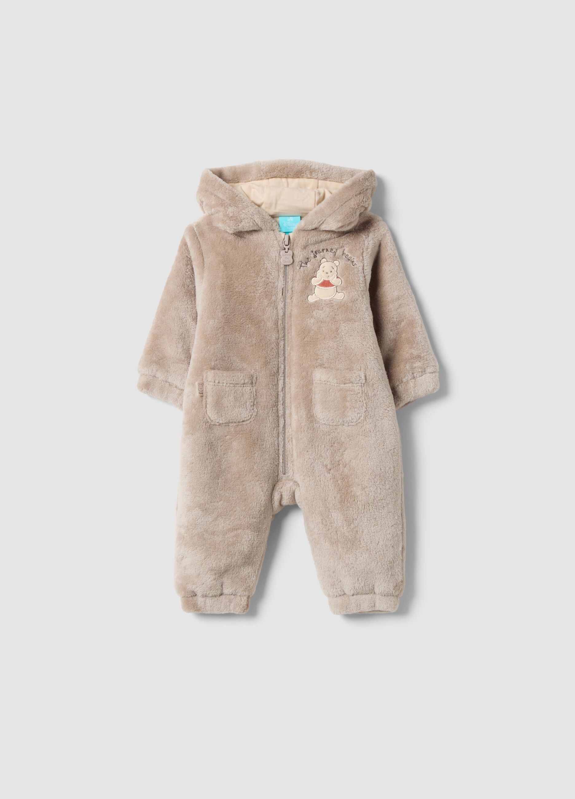 Grey hooded baby romper with Winnie the Pooh embroidery