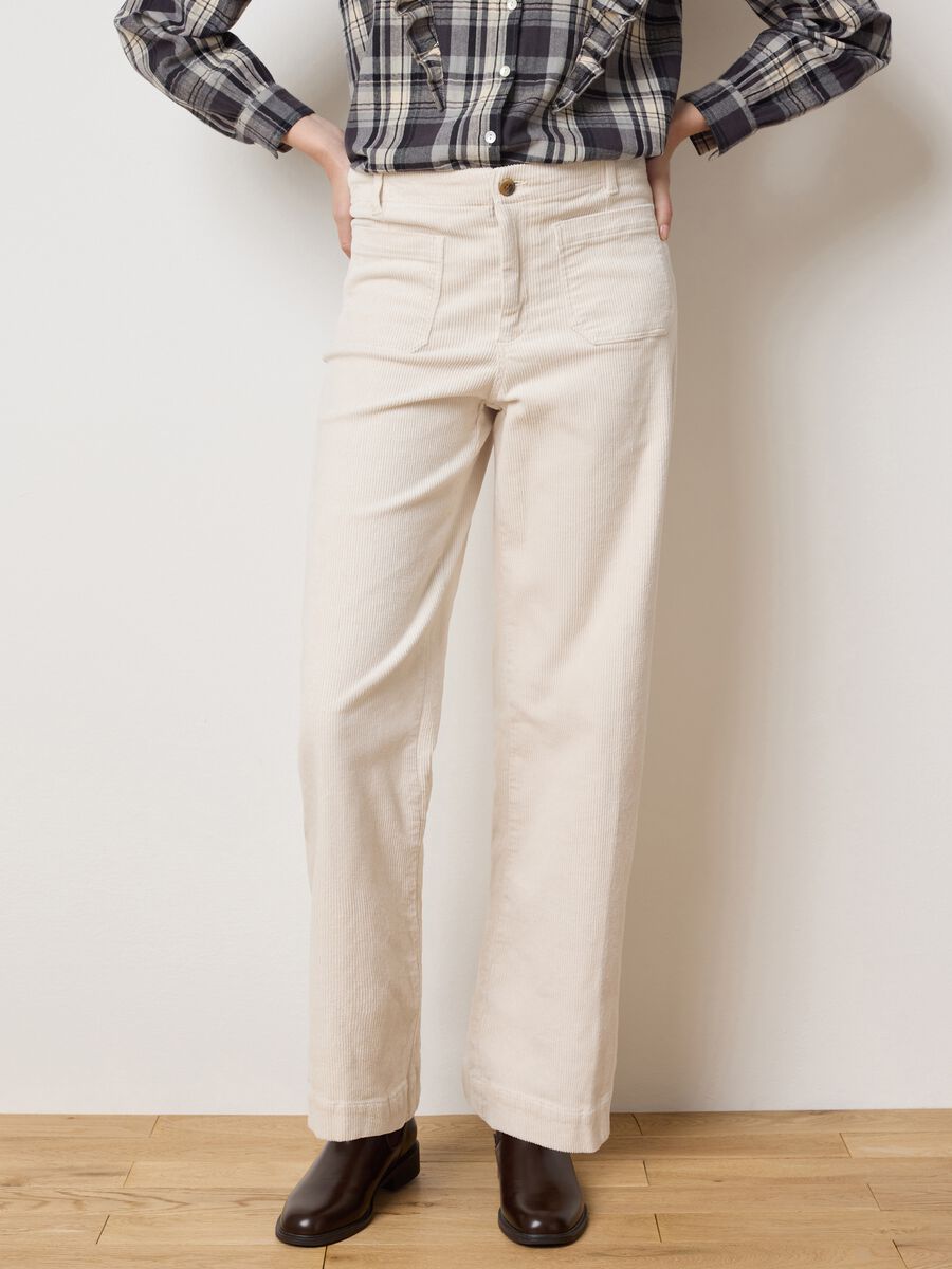 Beige stretch cotton straight fit trousers_1