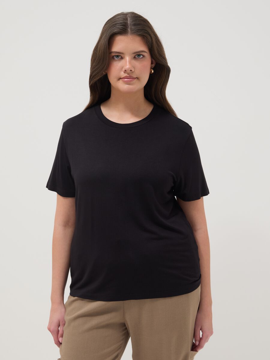 Black stretch viscose regular fit t-shirt with drawstring closure_1