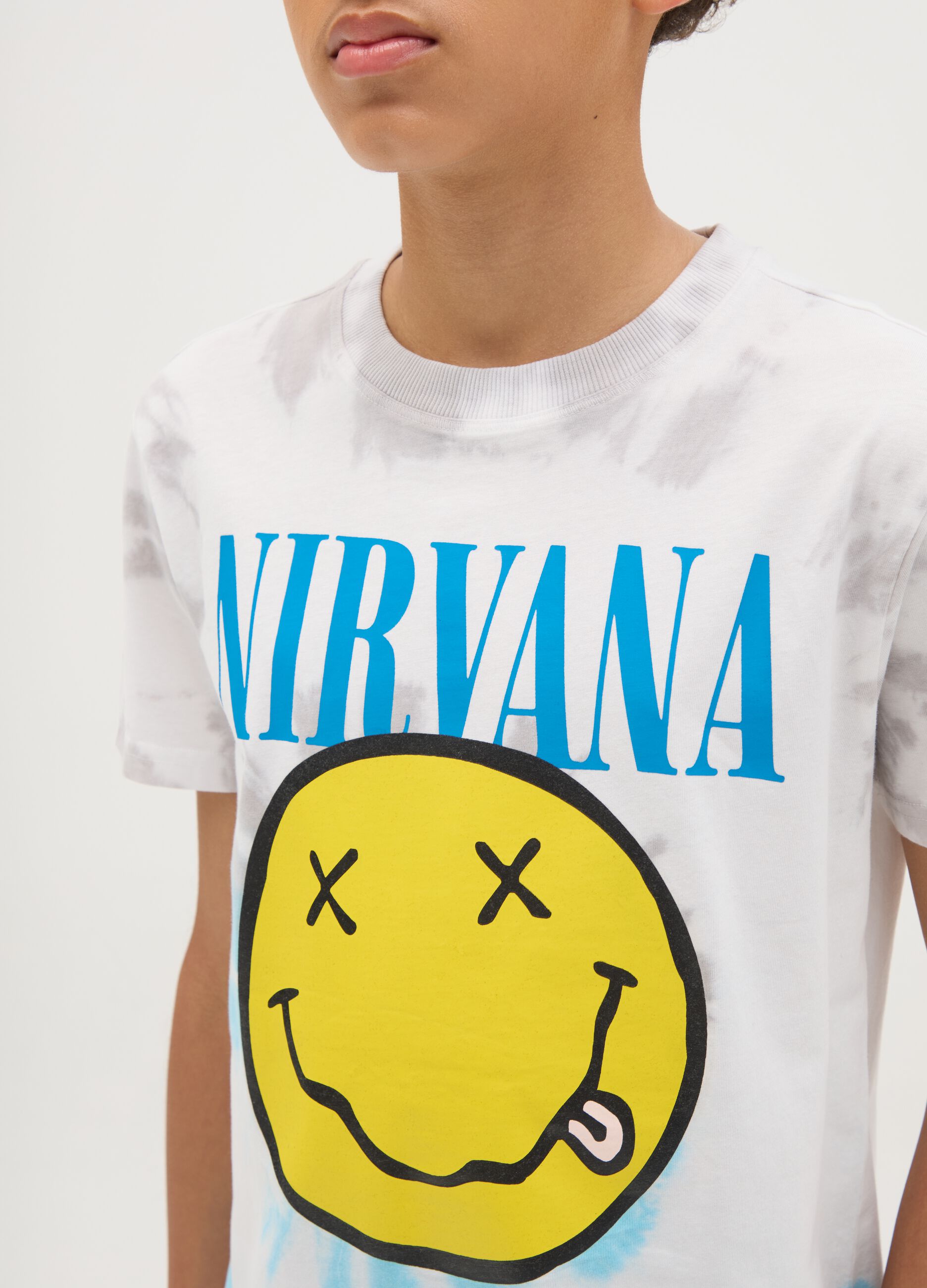 White tie-dye cotton T-shirt with Nirvana print