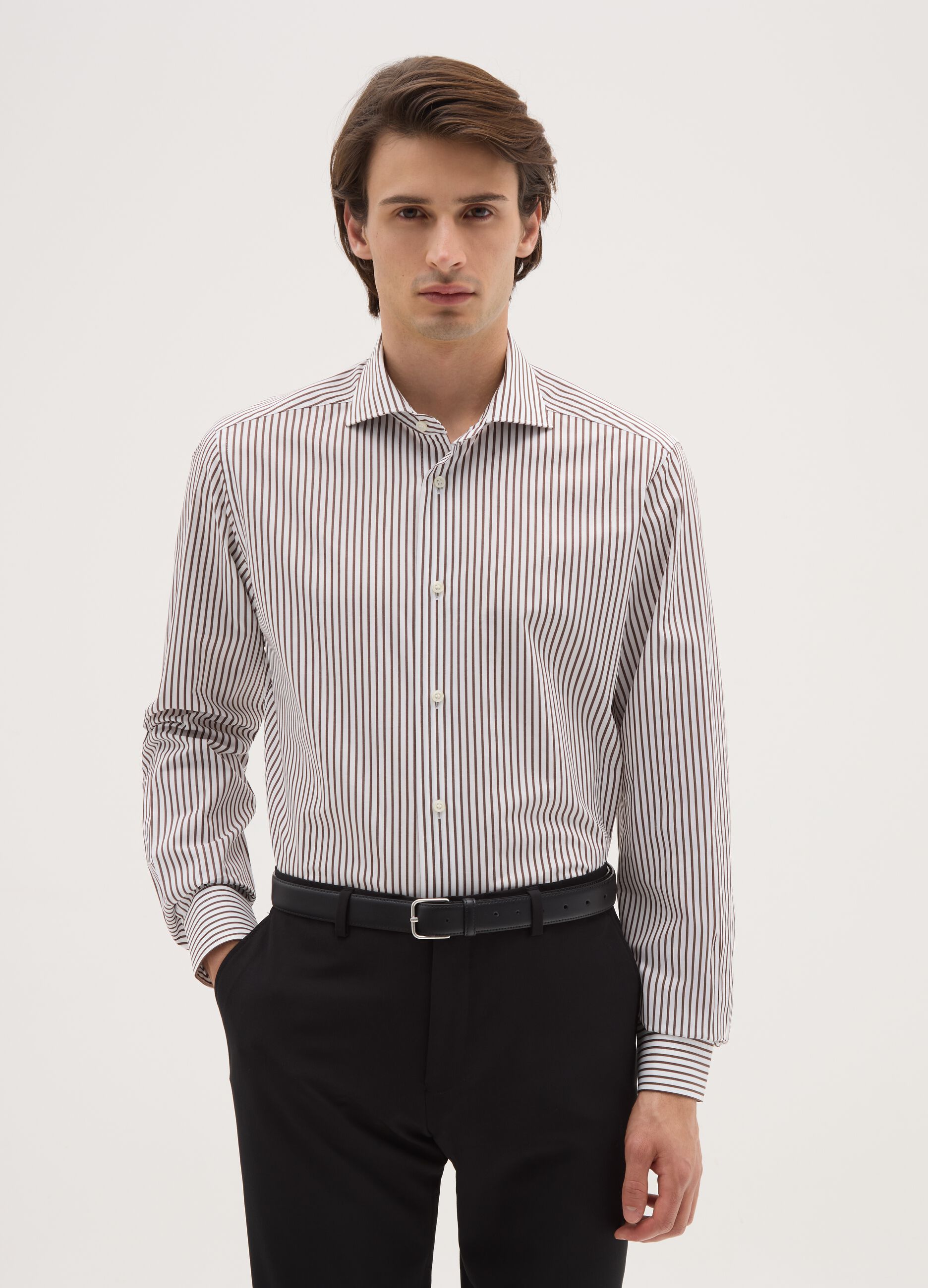 Multicolour pure cotton slim fit striped shirt with French collar
