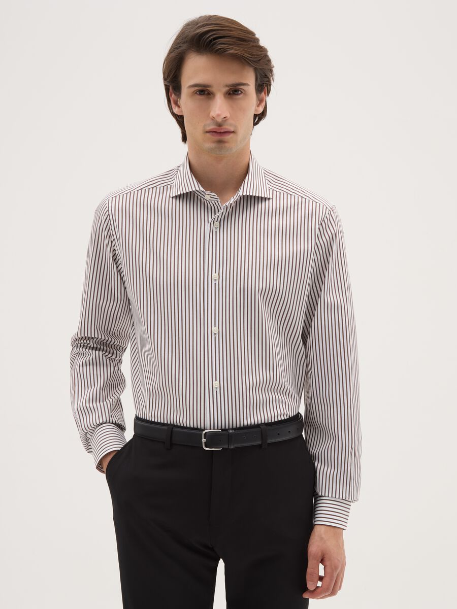Camicia multicolor in puro cotone slim fit a righe collo alla francese_0
