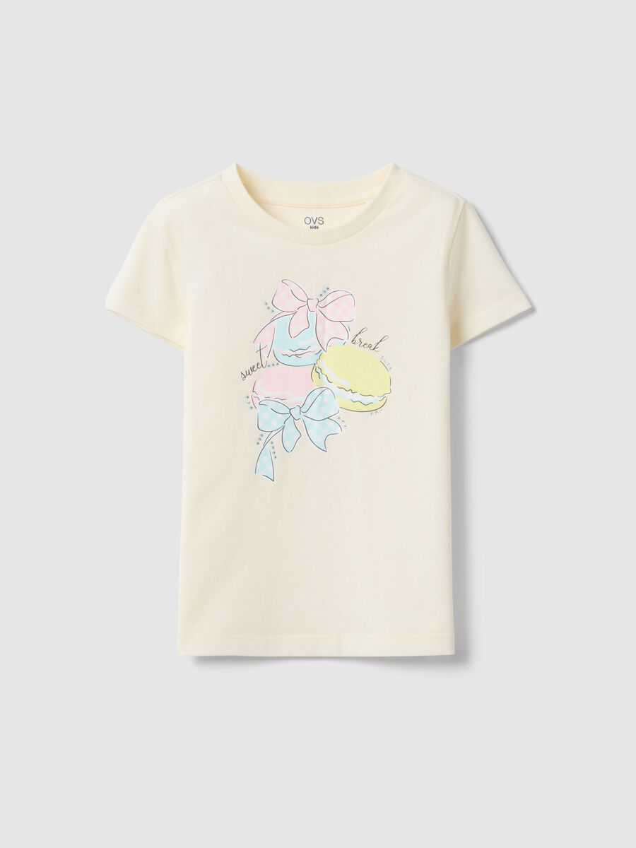 Beige pure cotton regular fit T-shirt with print for girls_0