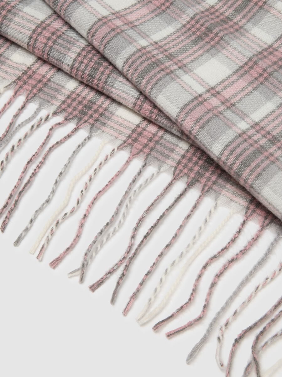 Grey Multicolour Checked Scarf with Fringes_2