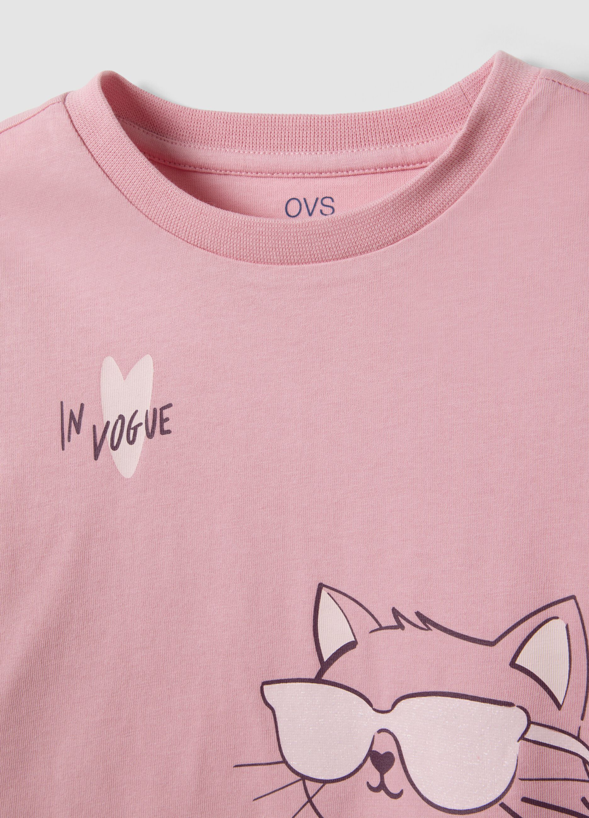 Girls&rsquo; pink organic cotton T-shirt with kitten print
